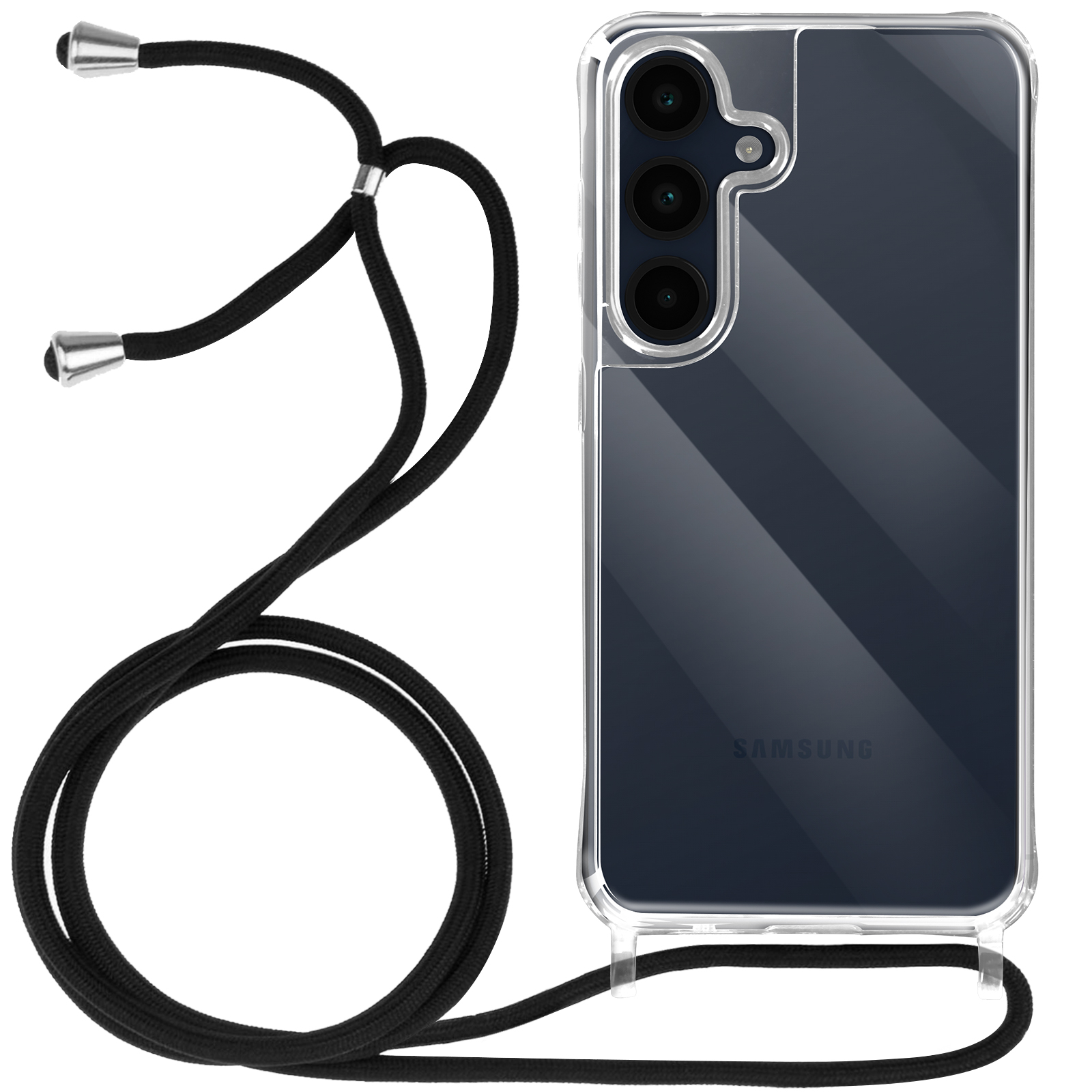 Una custodia trasparente per telefono con un cavo nero. La custodia ha una fotocamera ed è trasparente. Il cavo è nero con punte argentate.