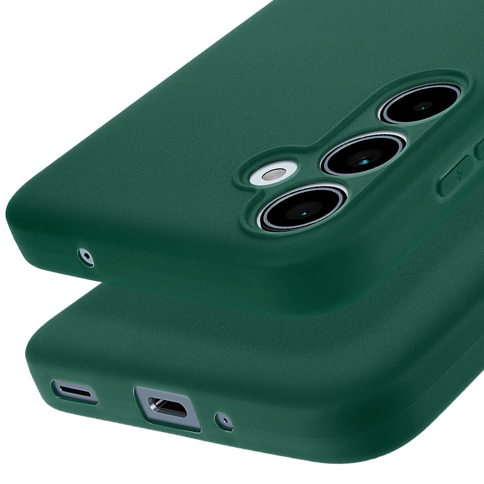 Custodia verde. Tre obiettivi della fotocamera sono visibili. Parte inferiore di un'altra custodia.
