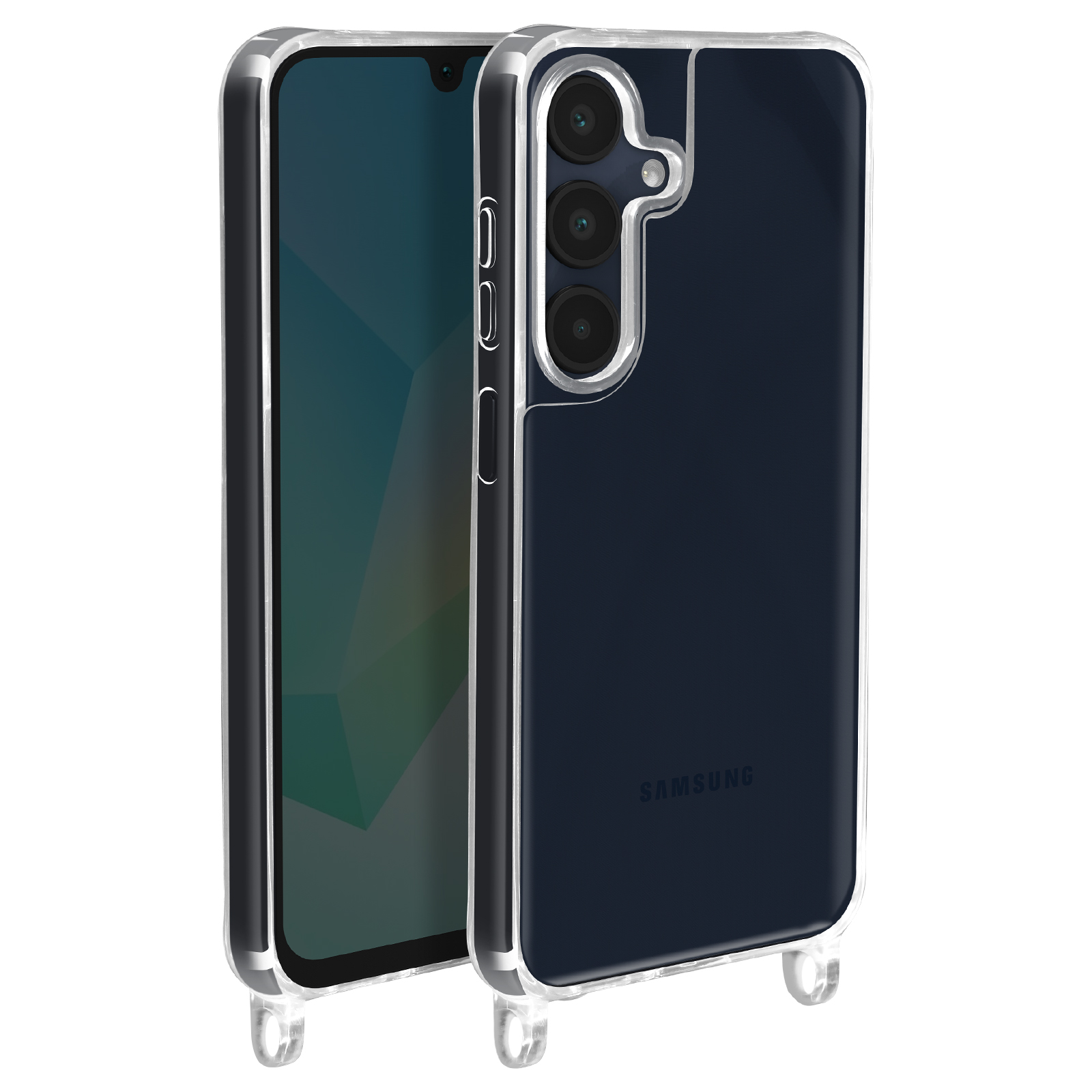 Una custodia trasparente con retro blu su sfondo bianco. Telefono con tre fotocamere.