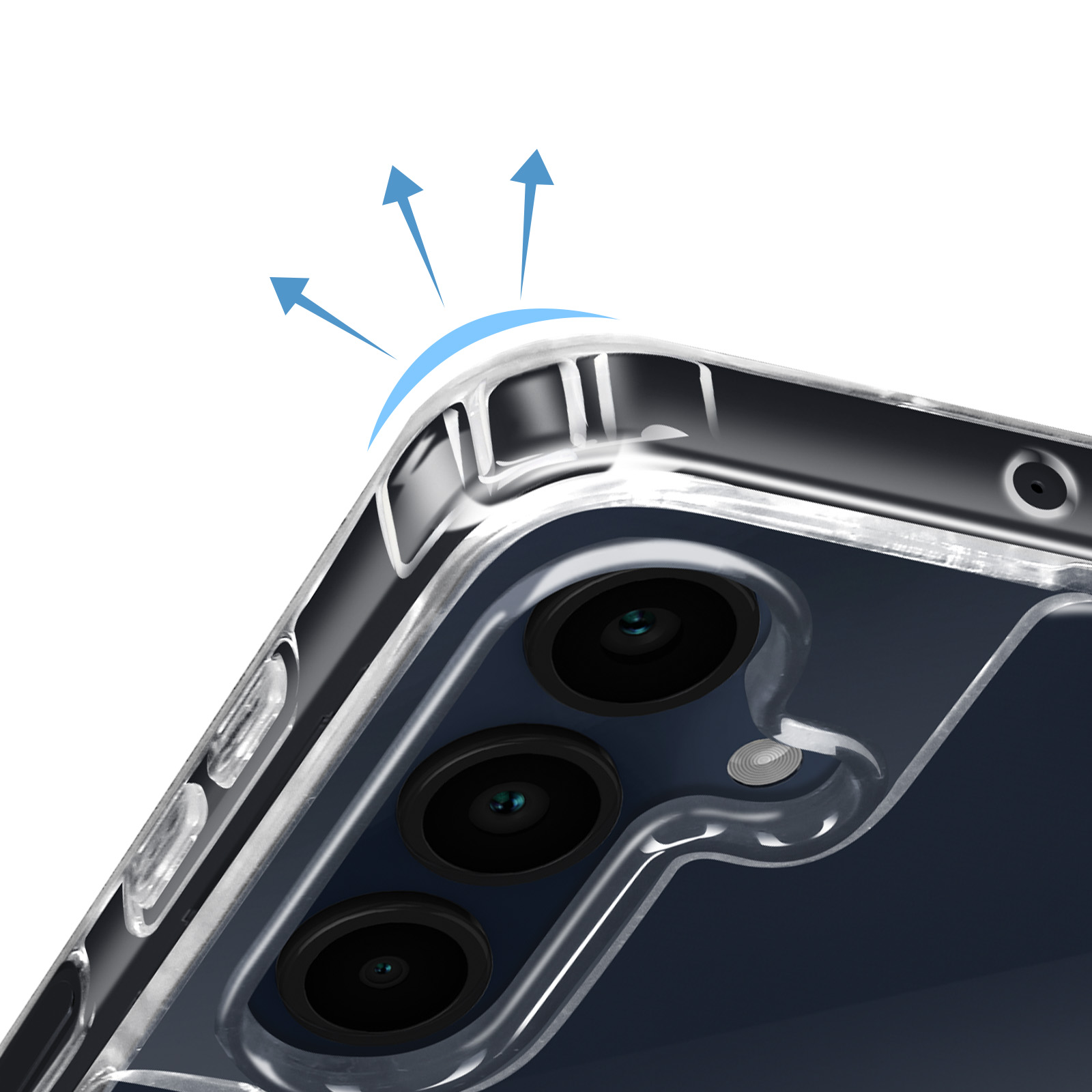 Custodia trasparente per telefono con tre obiettivi della fotocamera. Frecce blu puntano verso la parte superiore della custodia.
