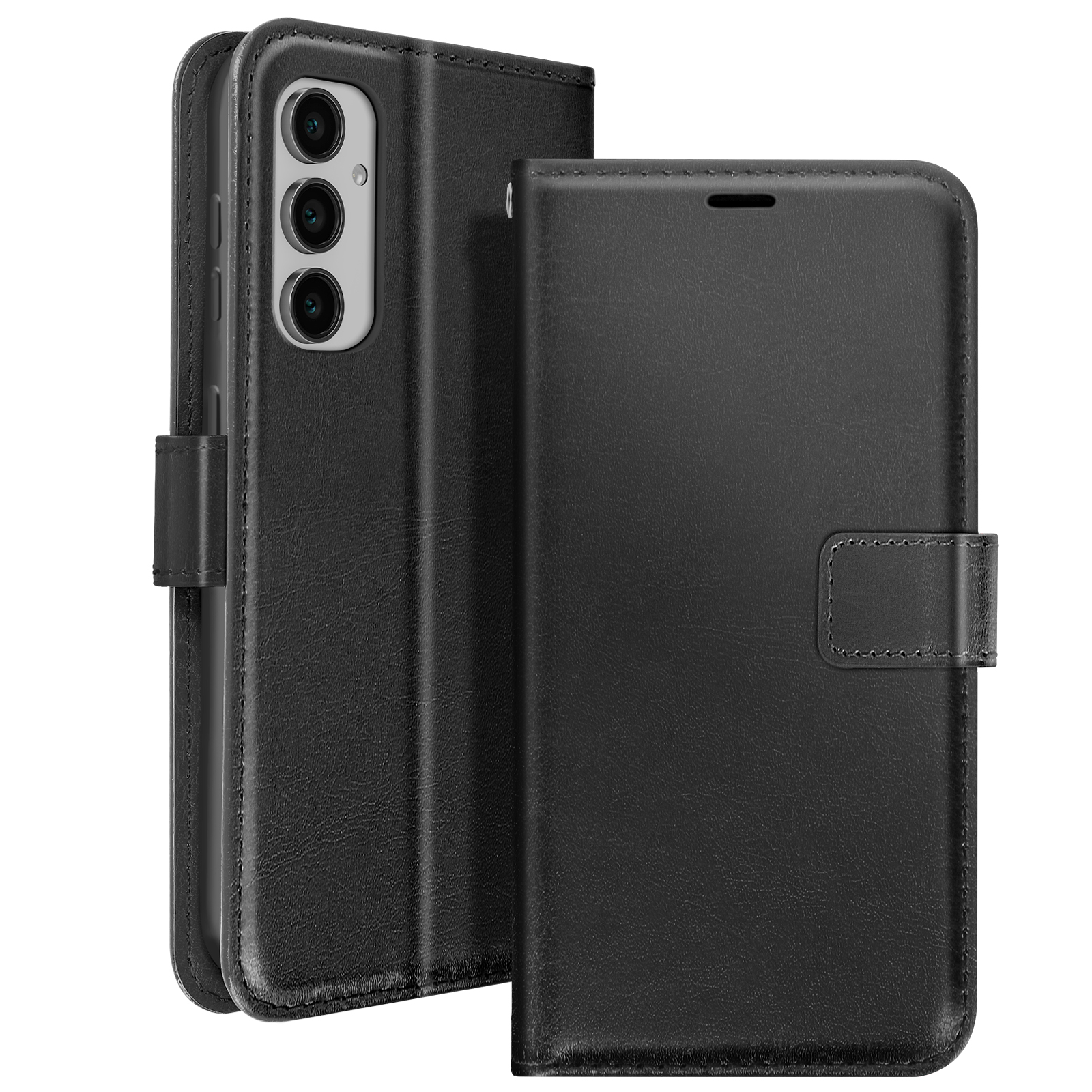 Custodia nera per telefono con tre obiettivi della fotocamera. La custodia è semichiusa.