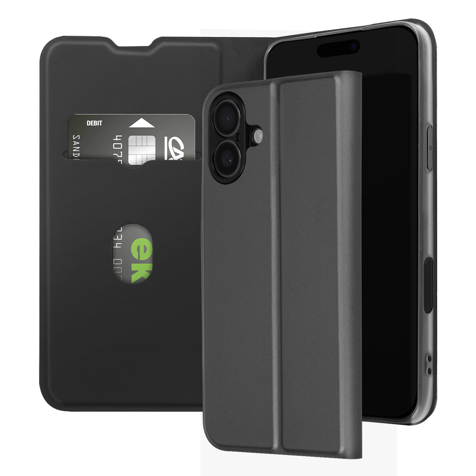 Una custodia per telefono aperta con un telefono all'interno. Le carte di credito sono nella custodia. Il telefono è nero.