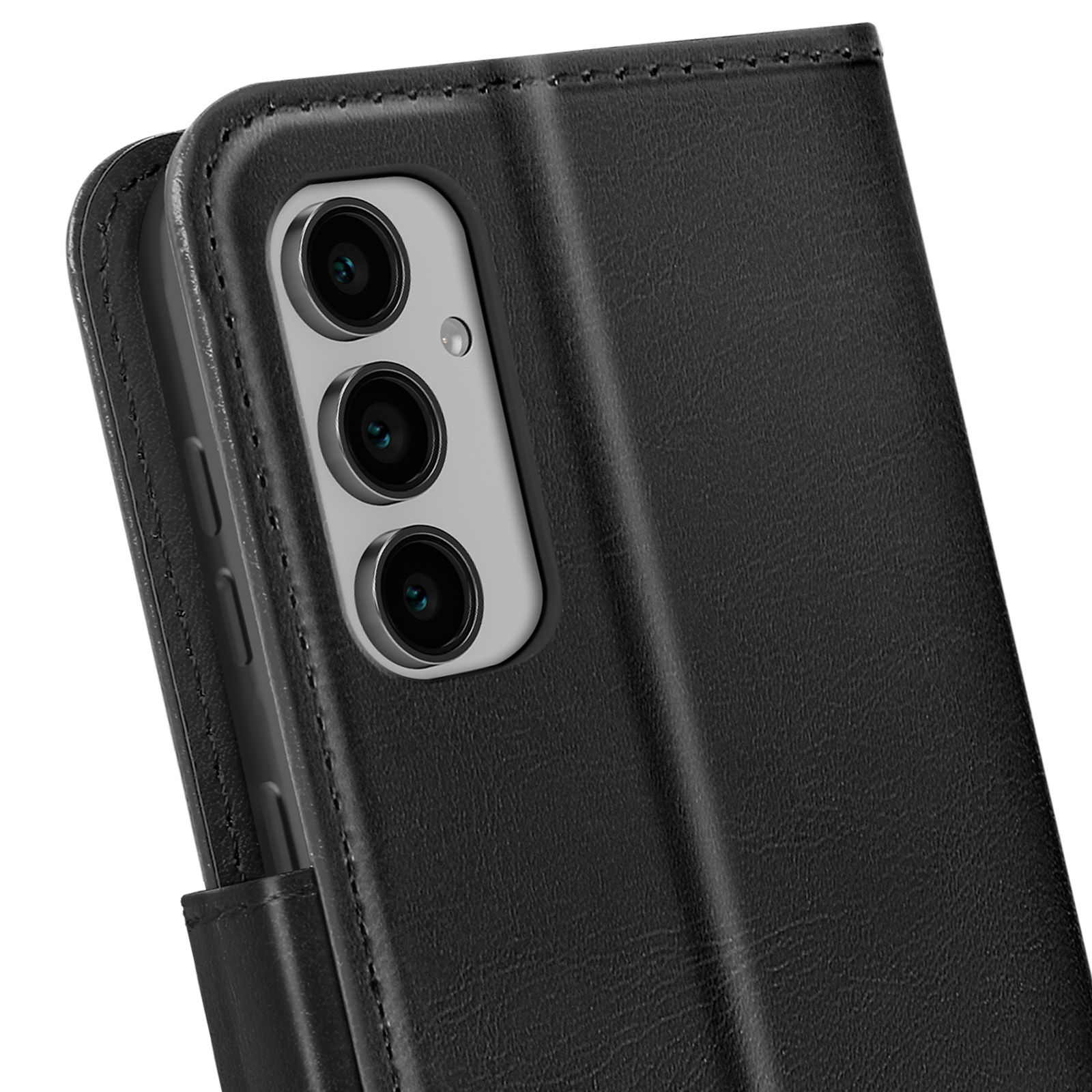 Primo piano di una custodia per telefono con un telefono all'interno. Il telefono ha lenti della fotocamera. La custodia è nera.
