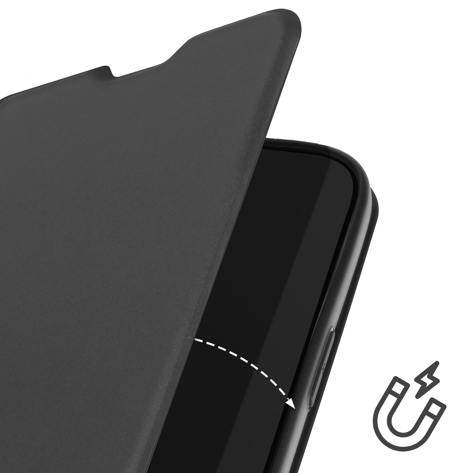 Custodia nera per telefono con coperchio aperto, che rivela il telefono. Presente simbolo magnetico.