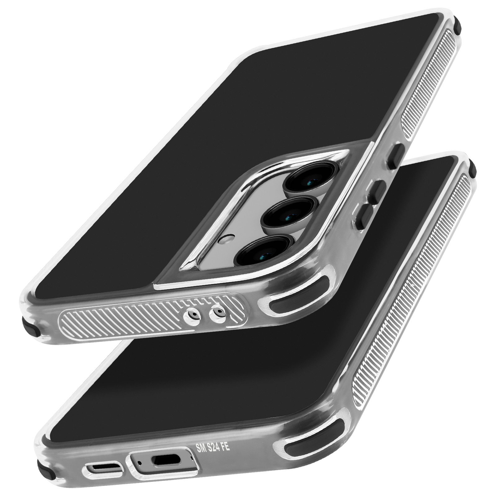 Custodia per telefono nera con telefono nero e tre obiettivi.