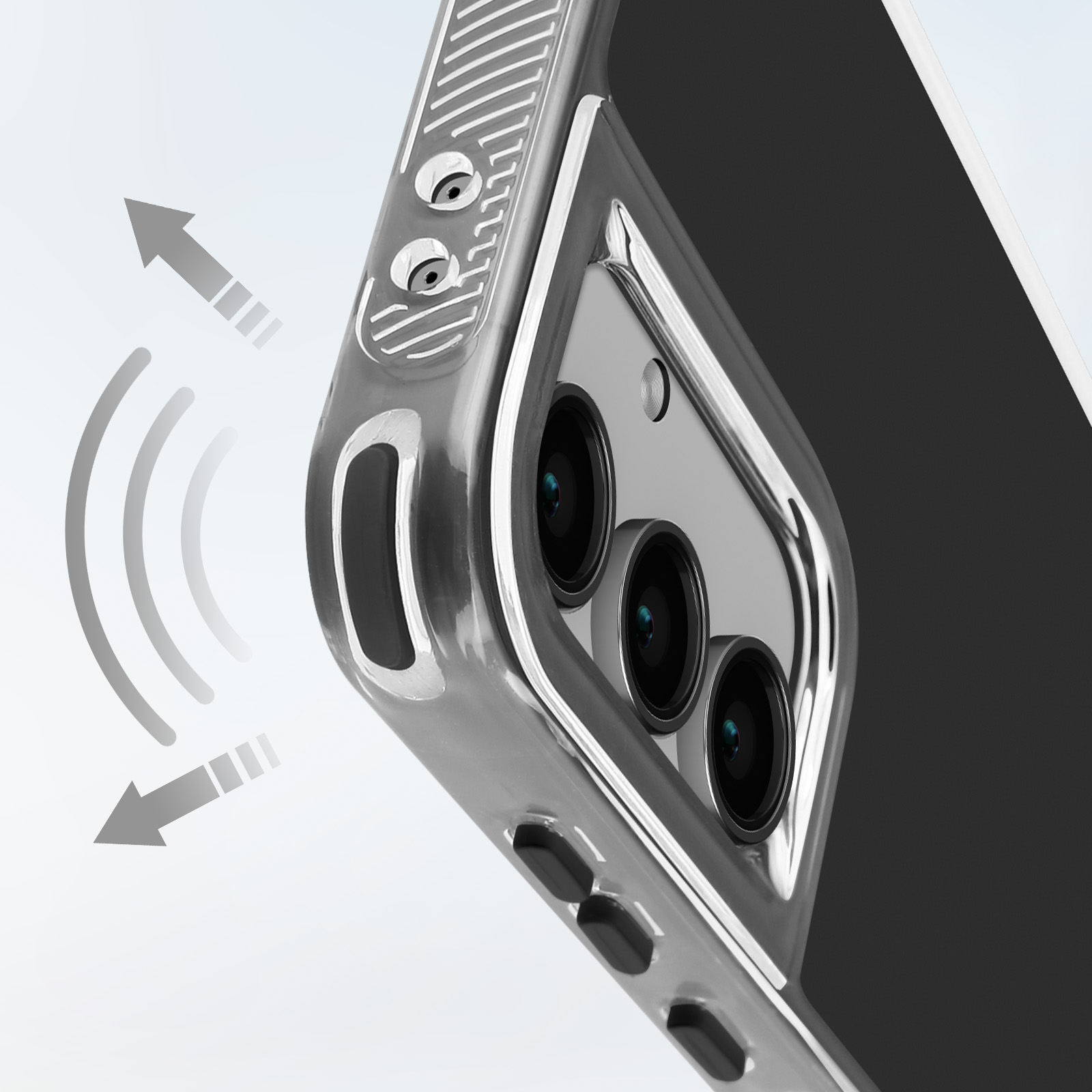 Primo piano di una custodia per telefono con tre obiettivi e un bordo trasparente, con frecce.