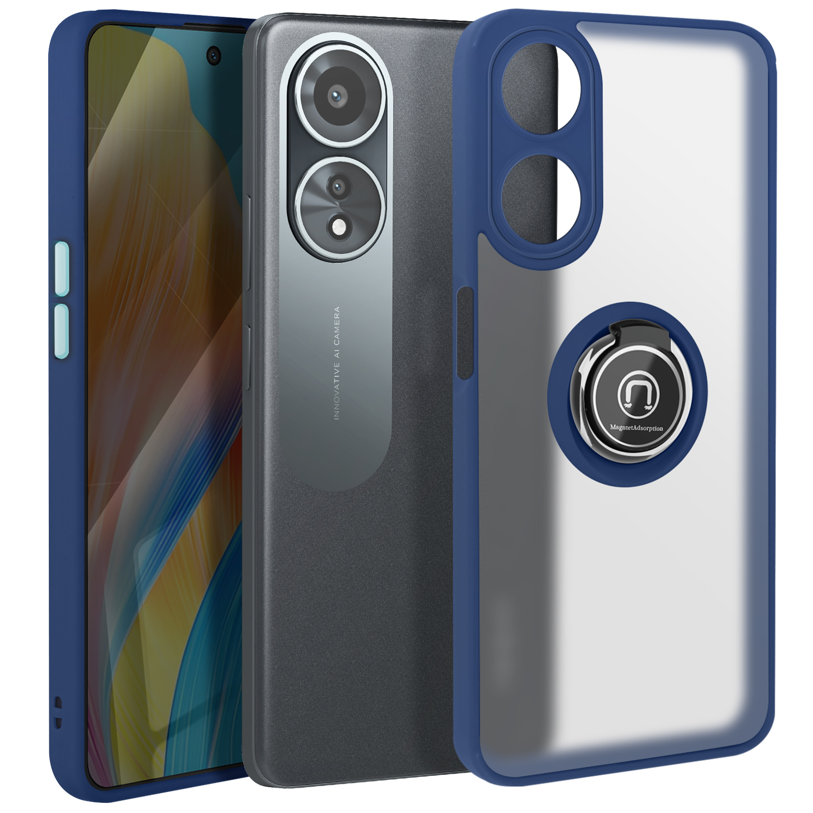 Custodia per telefono blu e grigia con supporto ad anello e telefono.