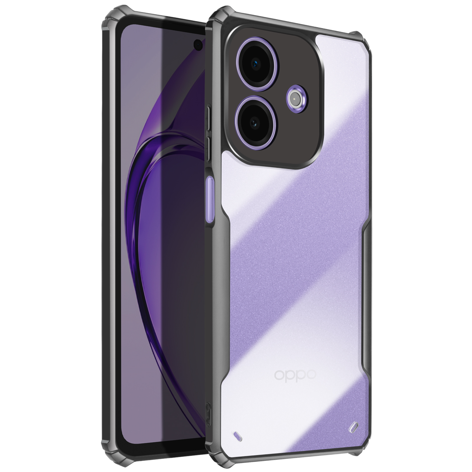 Custodia viola e nera. Logo Oppo in basso. Doppia fotocamera.