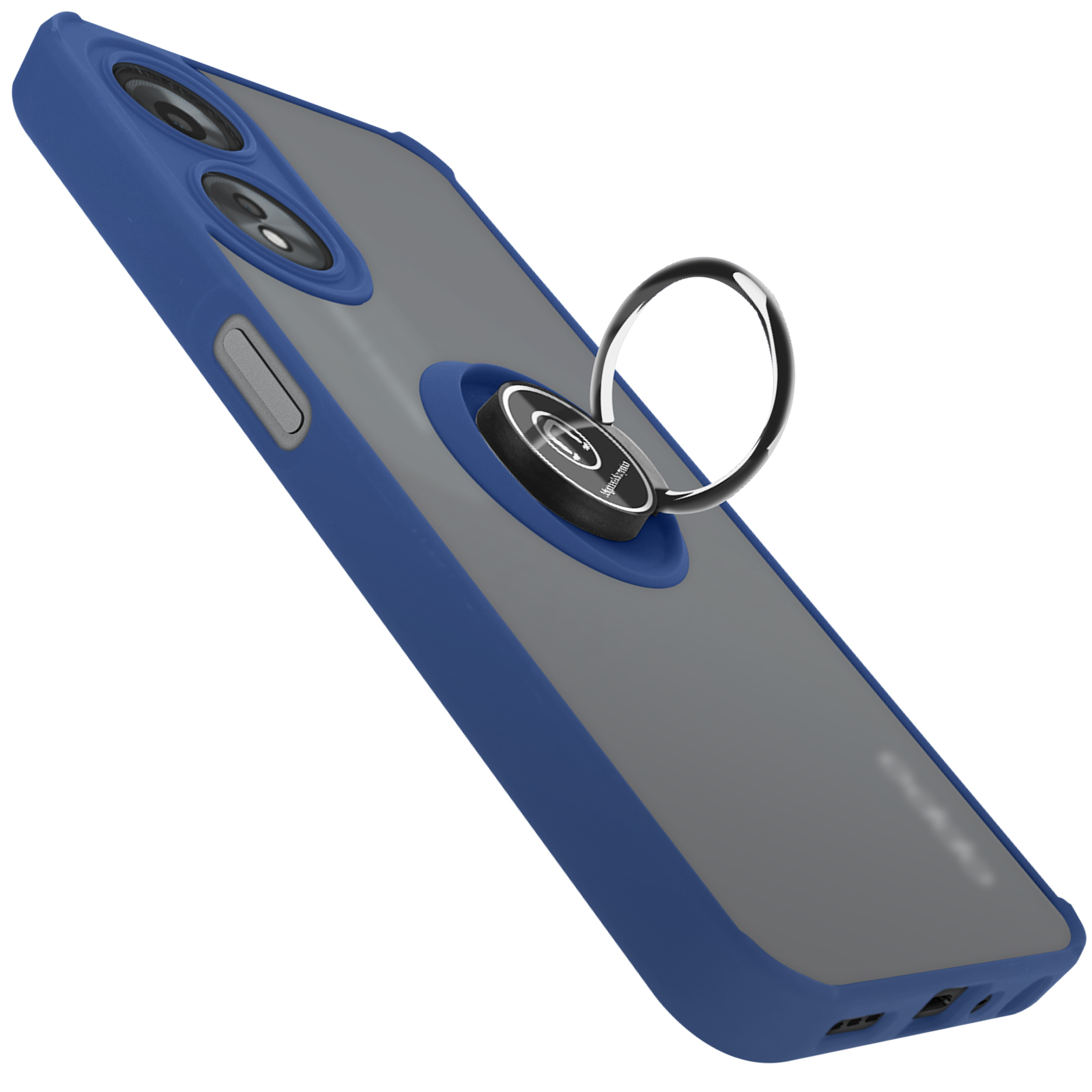 Custodia per telefono blu e grigia con supporto ad anello.