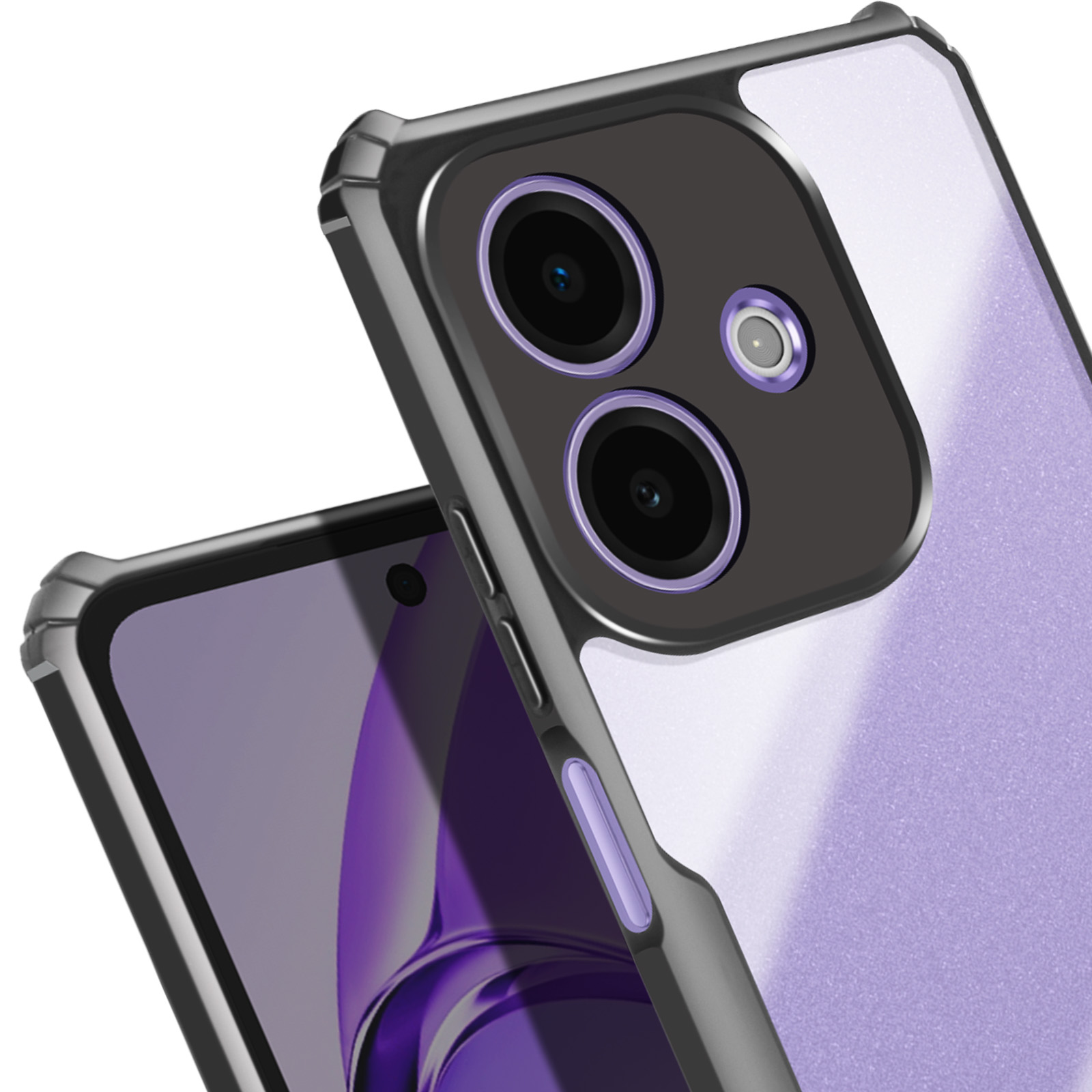 Primo piano di un telefono con custodia trasparente e due fotocamere.