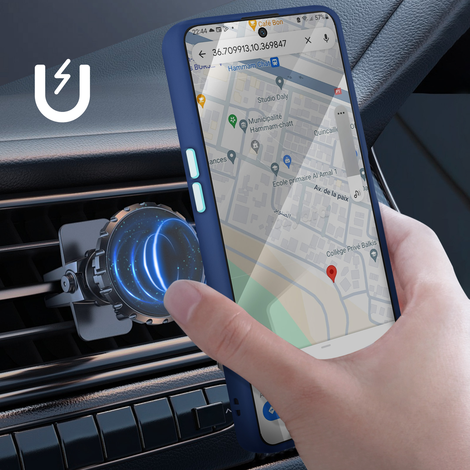 Telefono in auto con mappa, su supporto magnetico. Custodia blu.