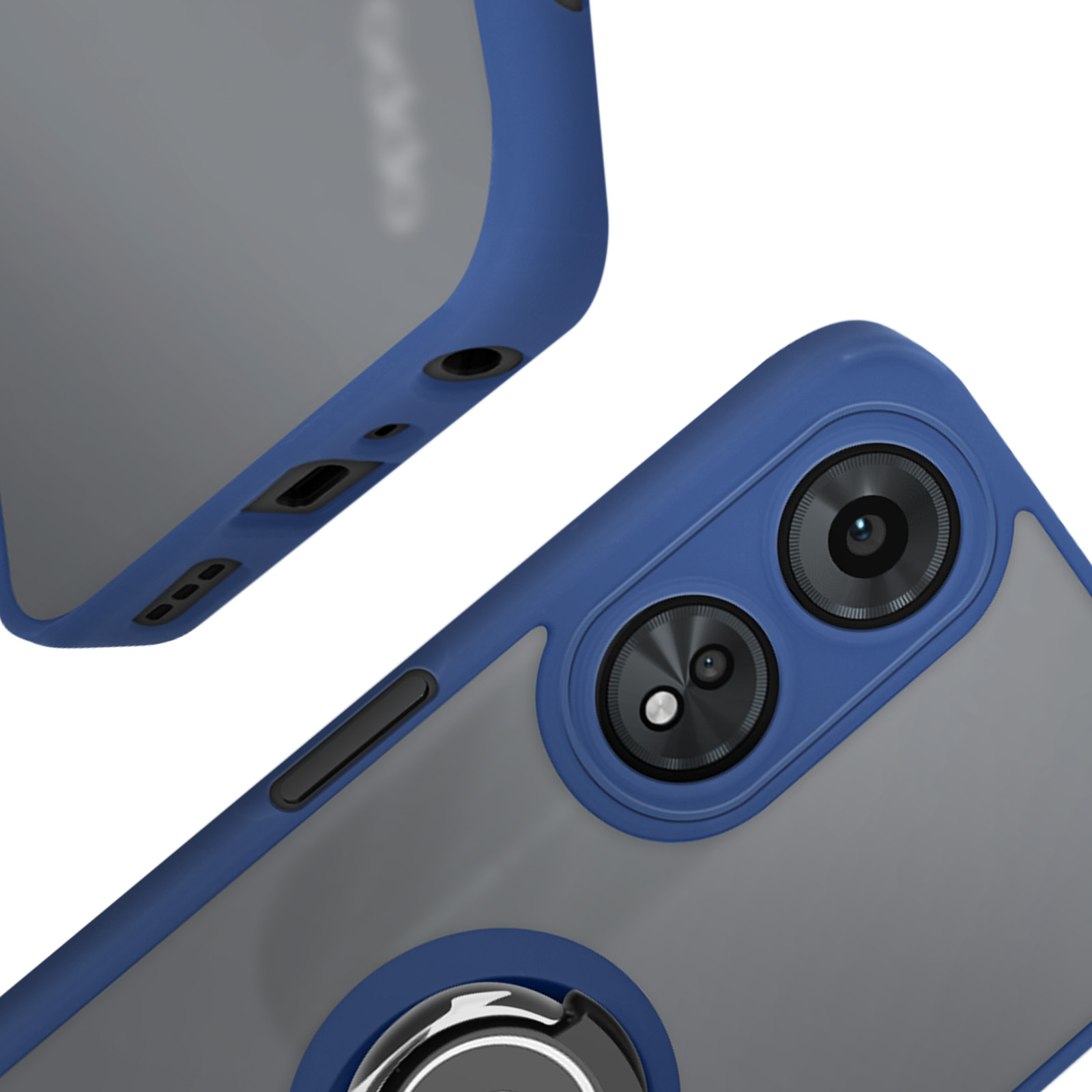 Primo piano di un telefono con due fotocamere in una custodia blu e grigia.