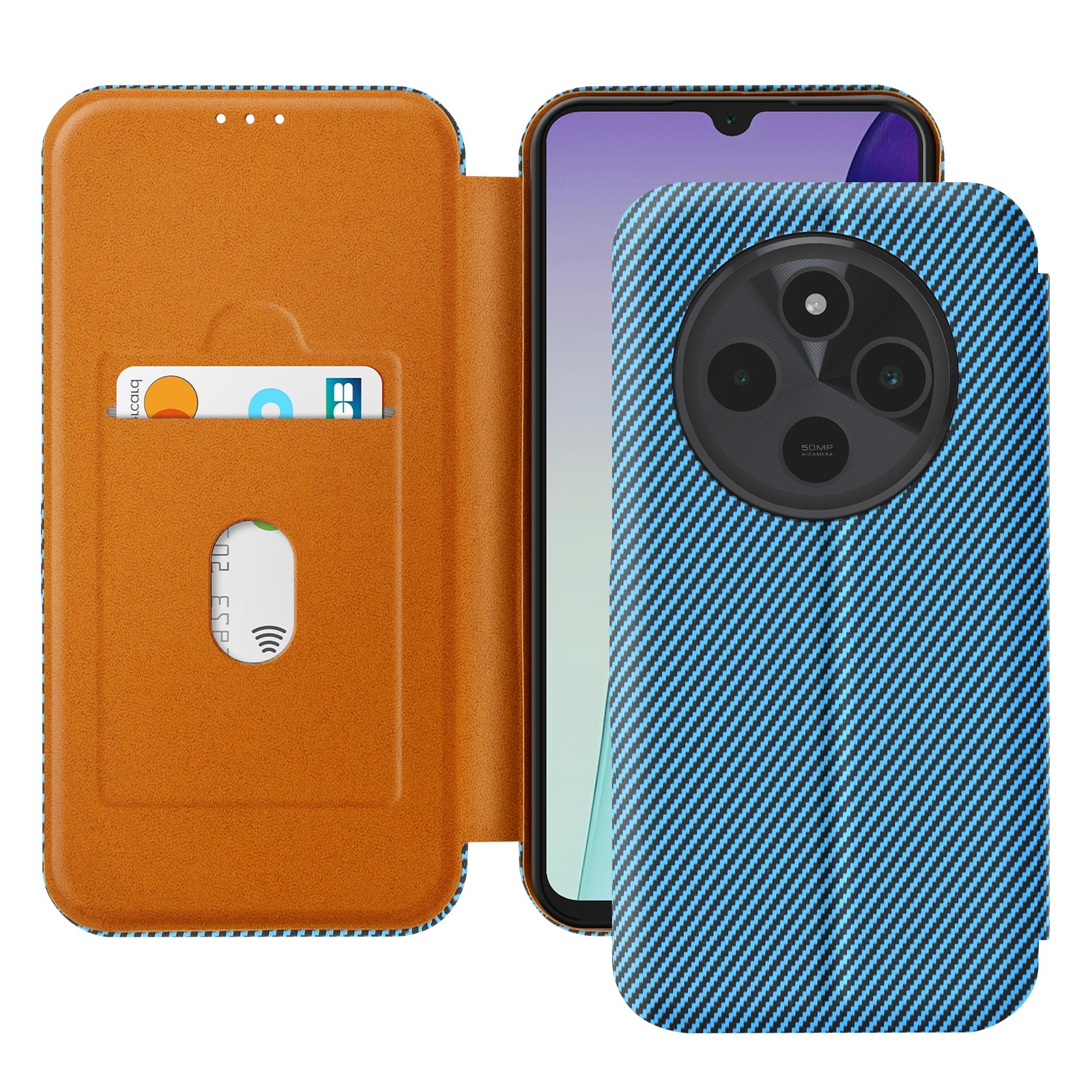 Custodia del telefono aperta. Portafoglio in pelle marrone, custodia blu con carte. Schermo del telefono visibile.
