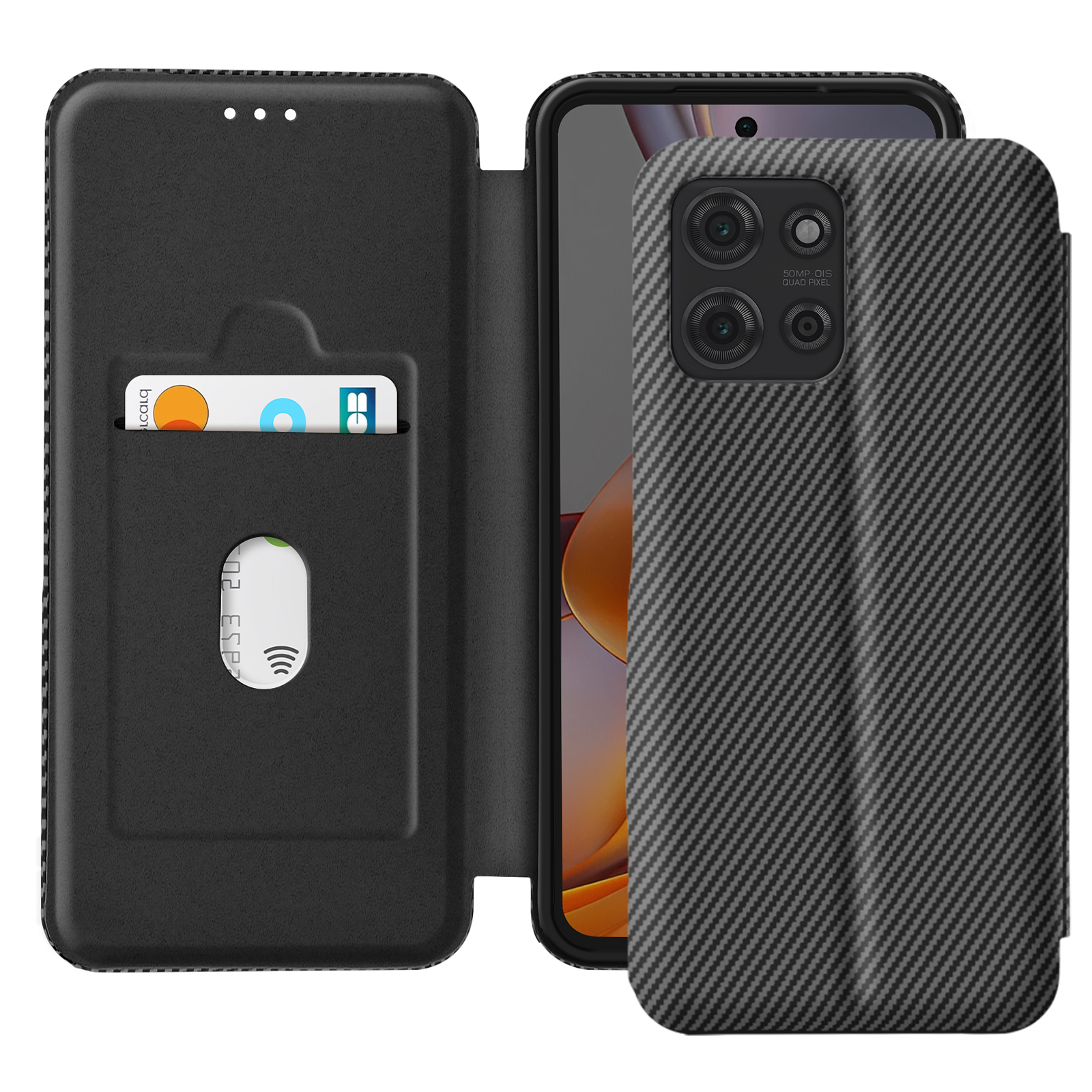 Custodia nera aperta, con telefono e fessure per carte visibili.