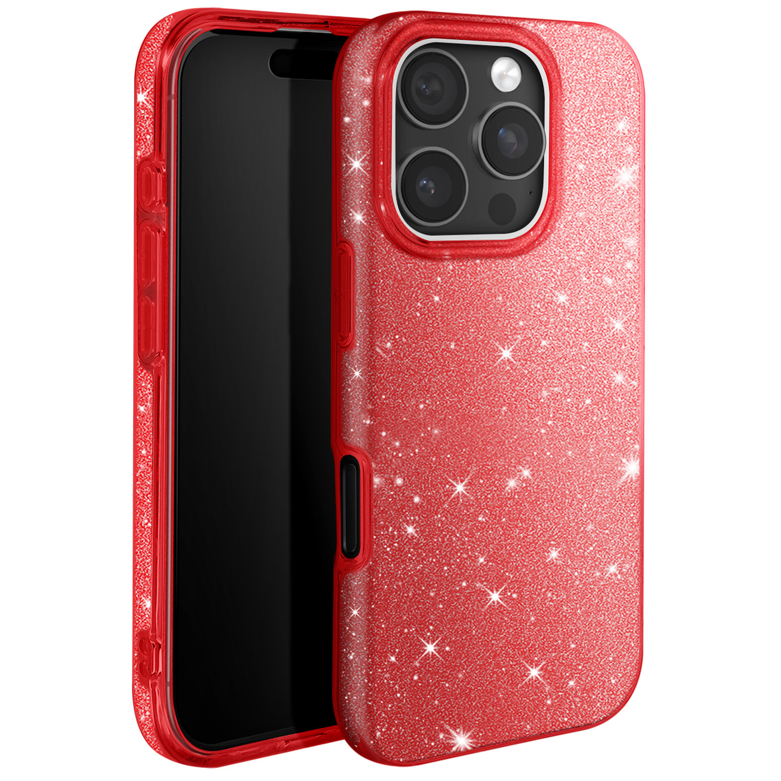 Custodia del telefono rossa glitterata. Tre lenti della fotocamera. Lucida. Cornice rossa.