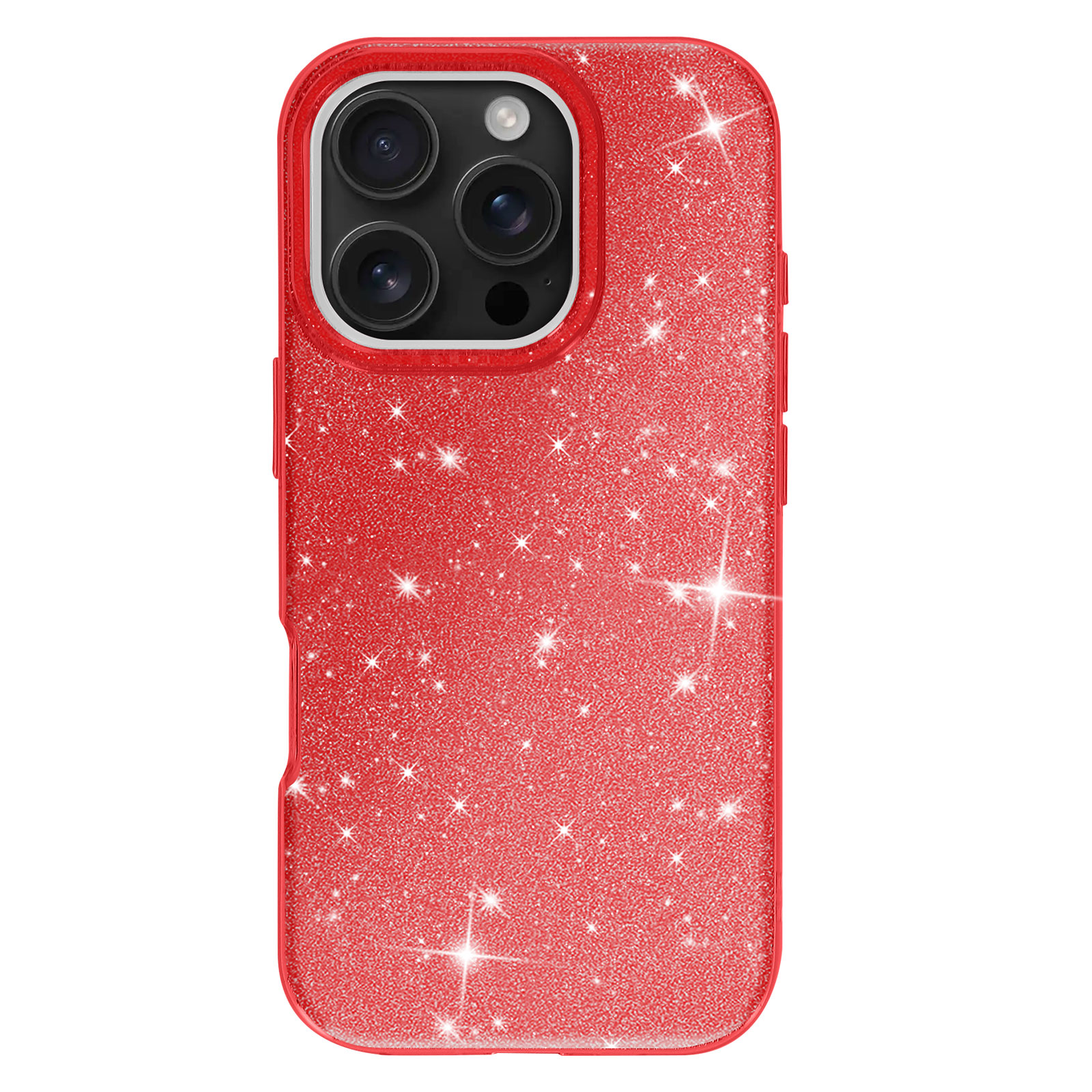 Custodia per telefono rossa glitterata. Stelle scintillanti. Cornice rossa. Obiettivi della fotocamera.