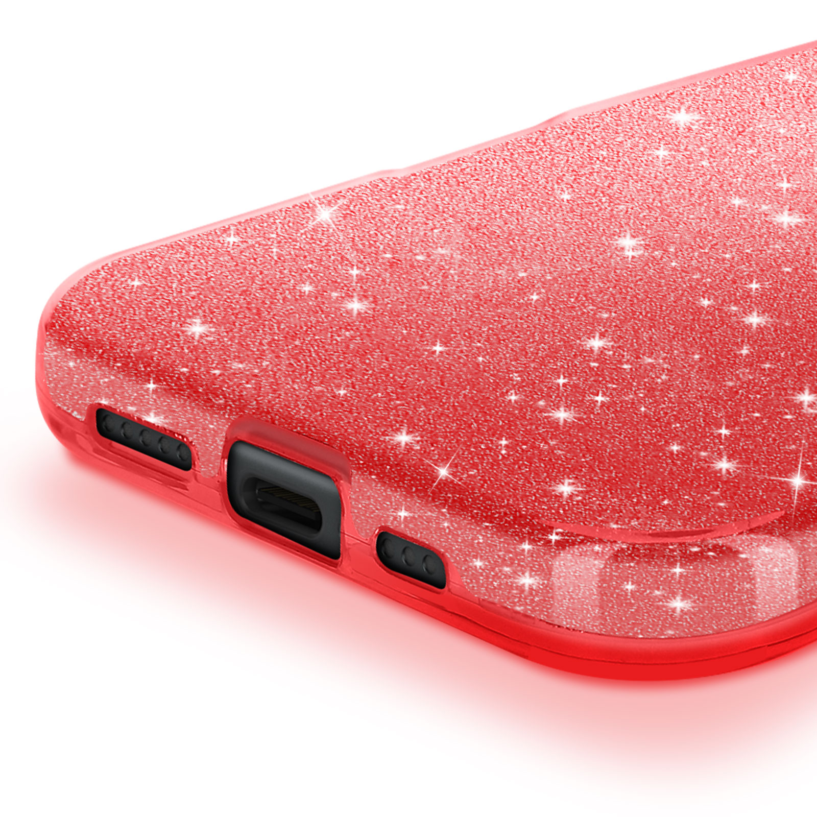 Custodia per telefono rossa glitterata. Cornice rossa. Pulsanti laterali visibili. Sfondo bianco.