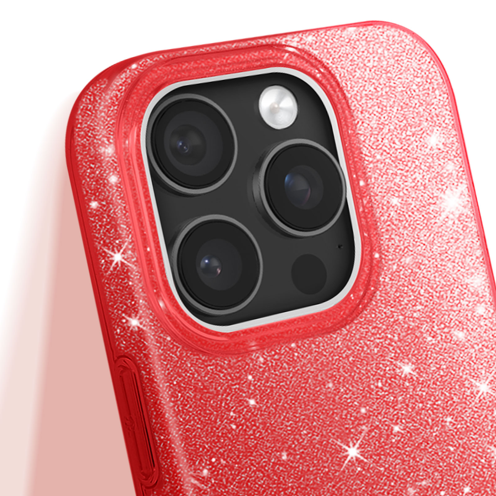 Primo piano di una custodia rossa con glitter e modulo fotocamera.
