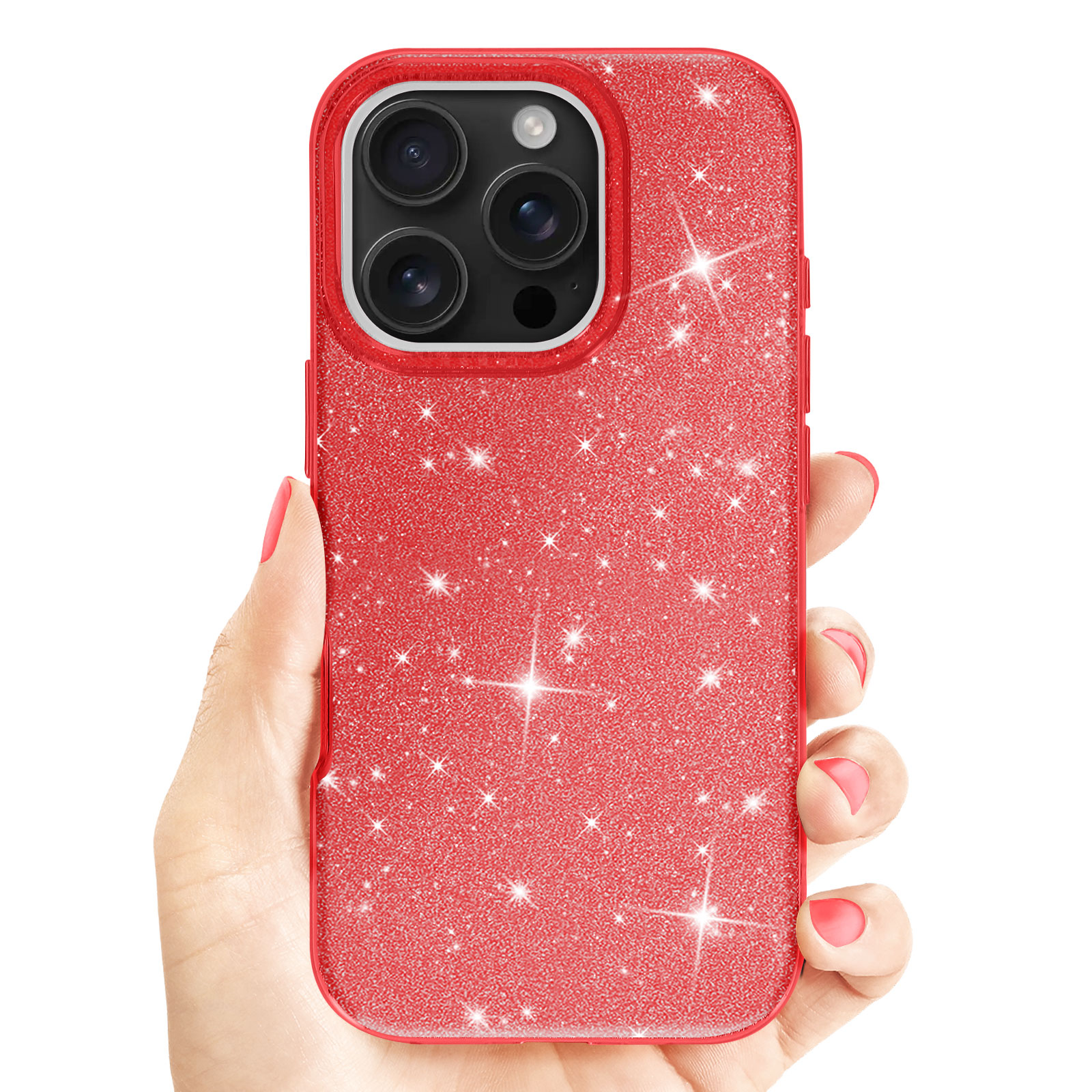 Una mano che tiene una custodia rossa glitterata con un modulo fotocamera.