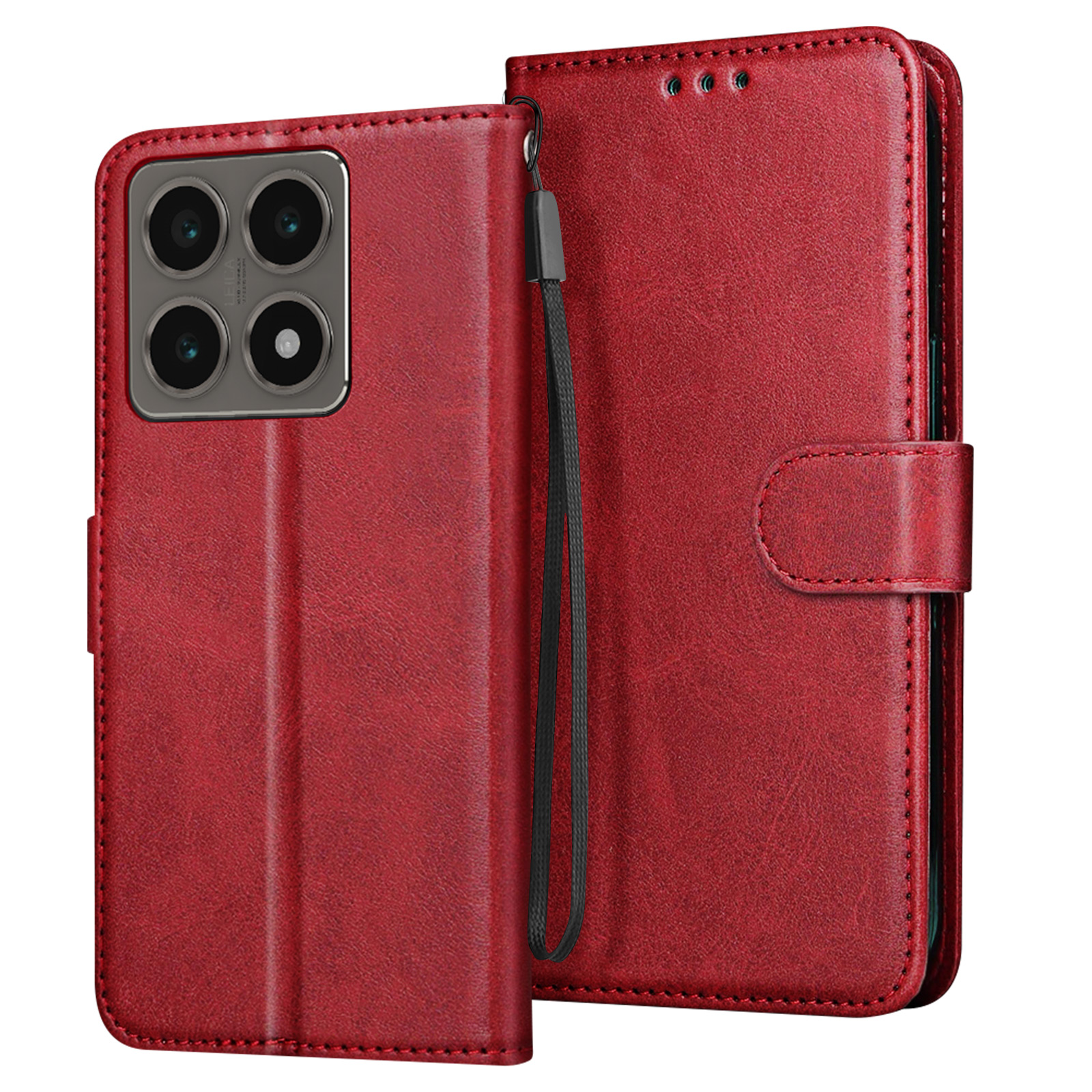 Custodia per telefono in pelle rossa con cinturino. Aperta, che mostra un telefono. Sfondo rosso.