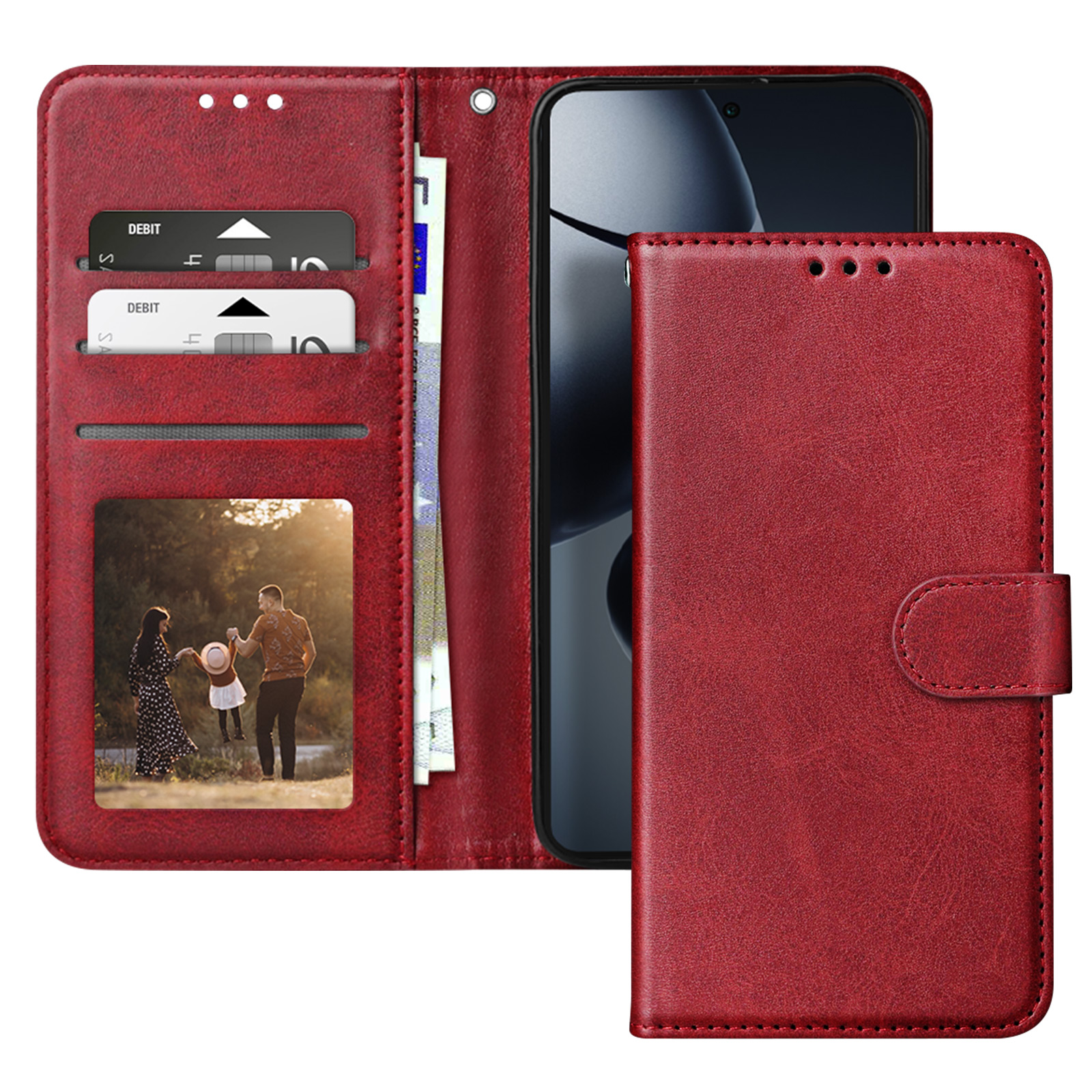 Custodia per telefono rossa aperta, che mostra foto di famiglia, carte e denaro. Rosso.