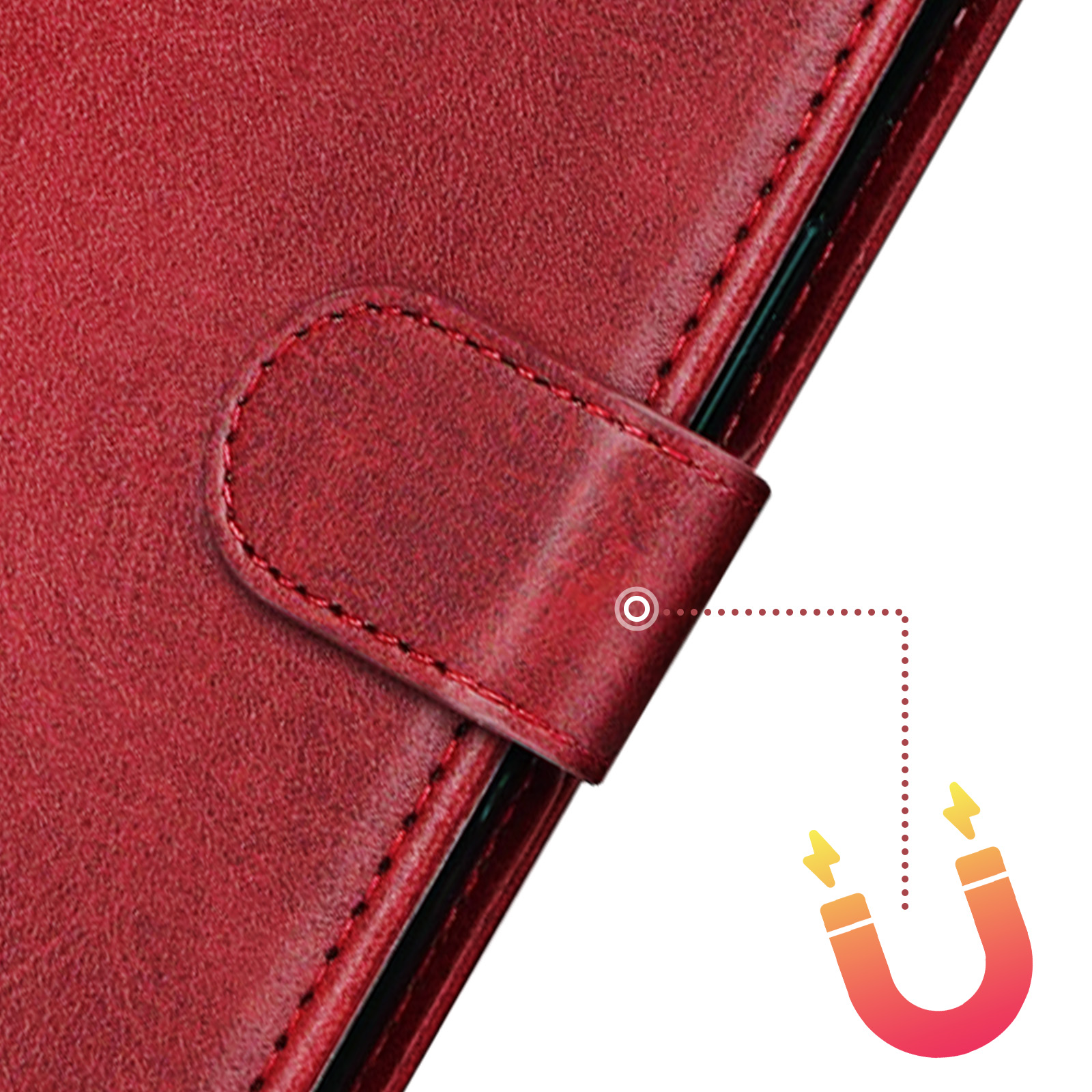 Custodia rossa per telefono con chiusura magnetica. Icona del magnete e linee visualizzate.
