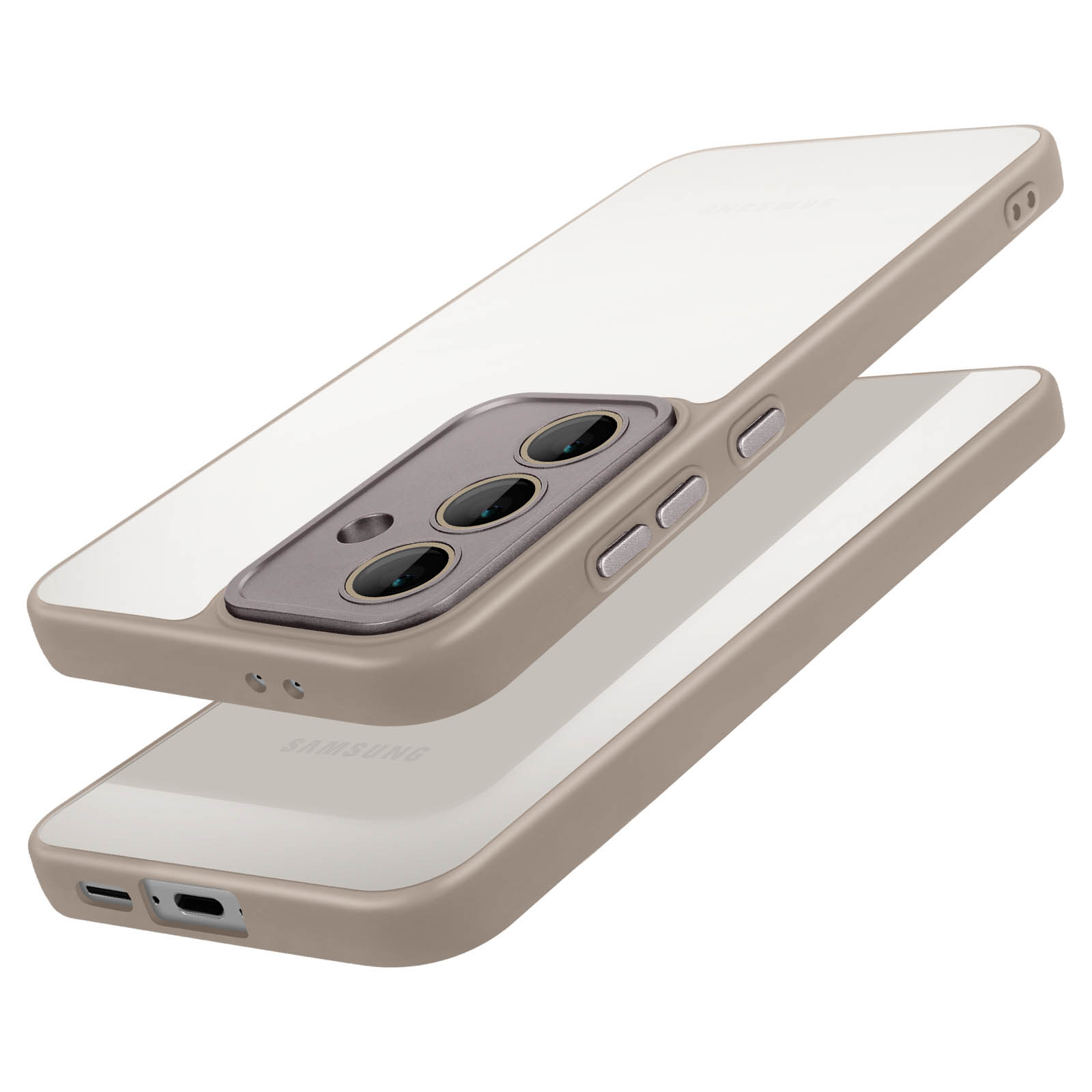 Custodia per telefono con retro trasparente e cornice beige, con logo Samsung visibile.