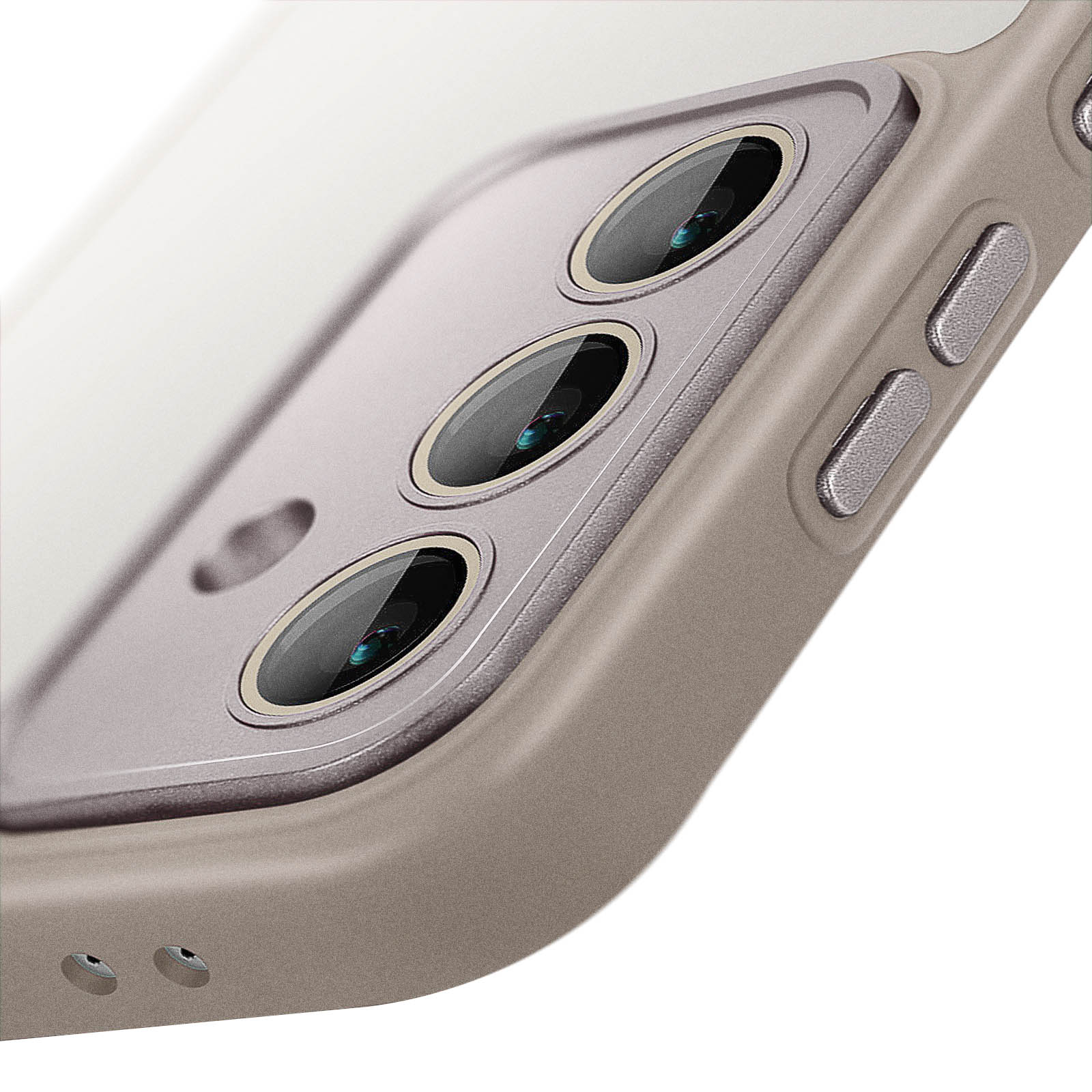 Primo piano delle lenti della fotocamera del telefono. Cornice beige, tre lenti e pulsanti.