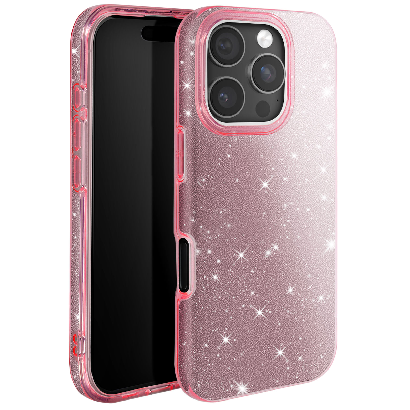 Custodia per telefono rosa scintillante con schermo nero visibile. Tre fotocamere in alto a sinistra.