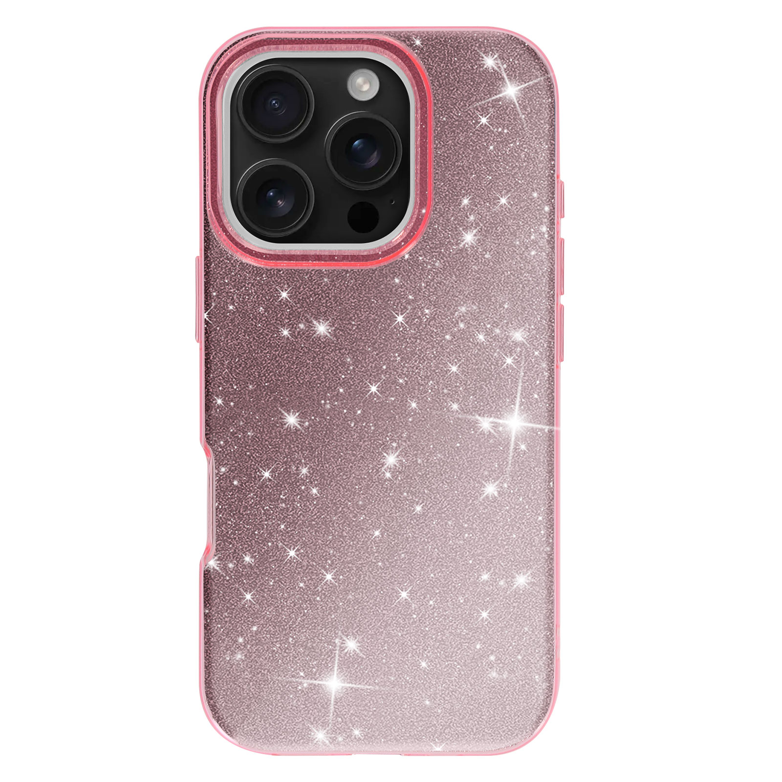 Custodia per telefono rosa scintillante. Un telefono con tre fotocamere è visibile. Le stelle brillano.