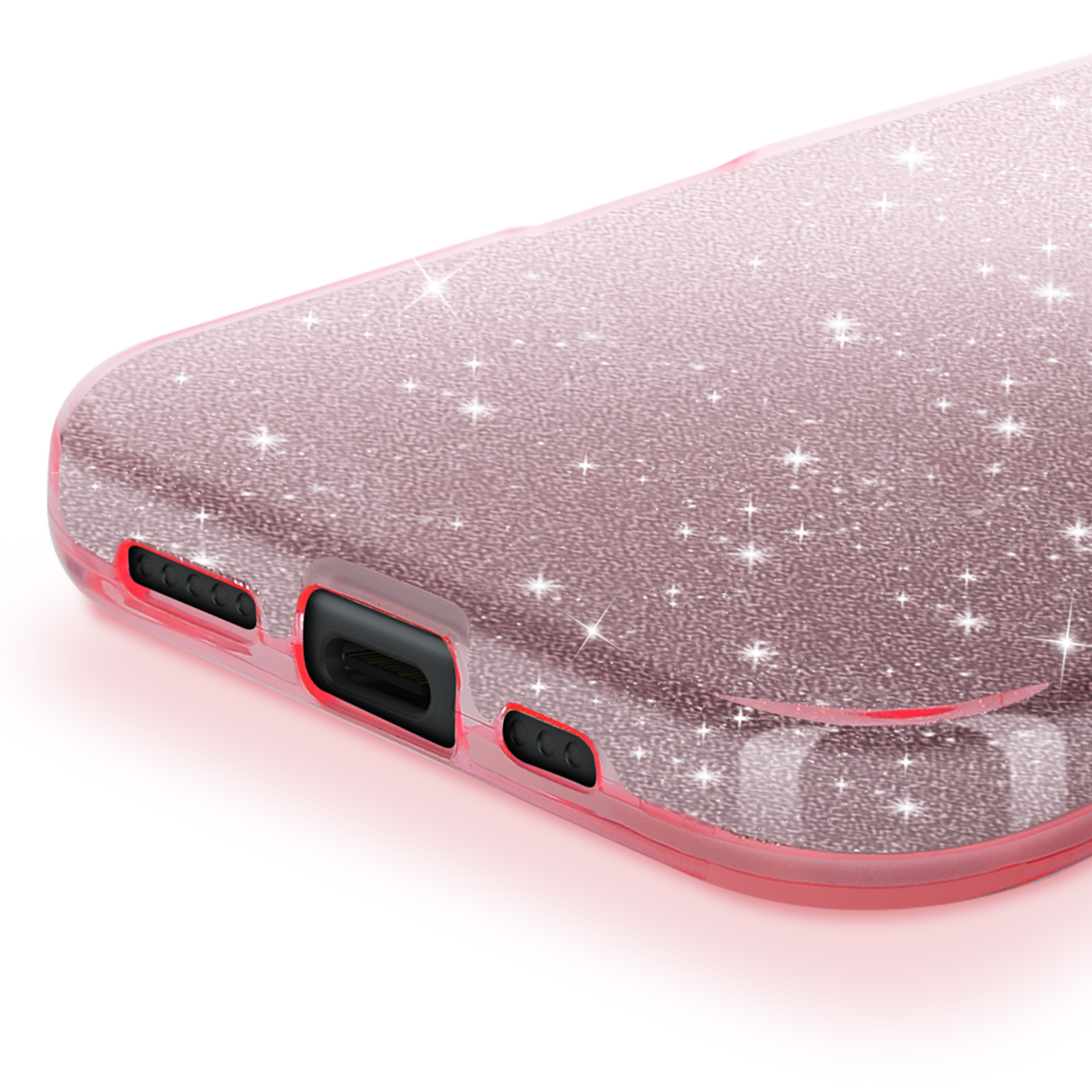 Primo piano di una custodia rosa con effetto scintillio. La parte inferiore del telefono è visibile.