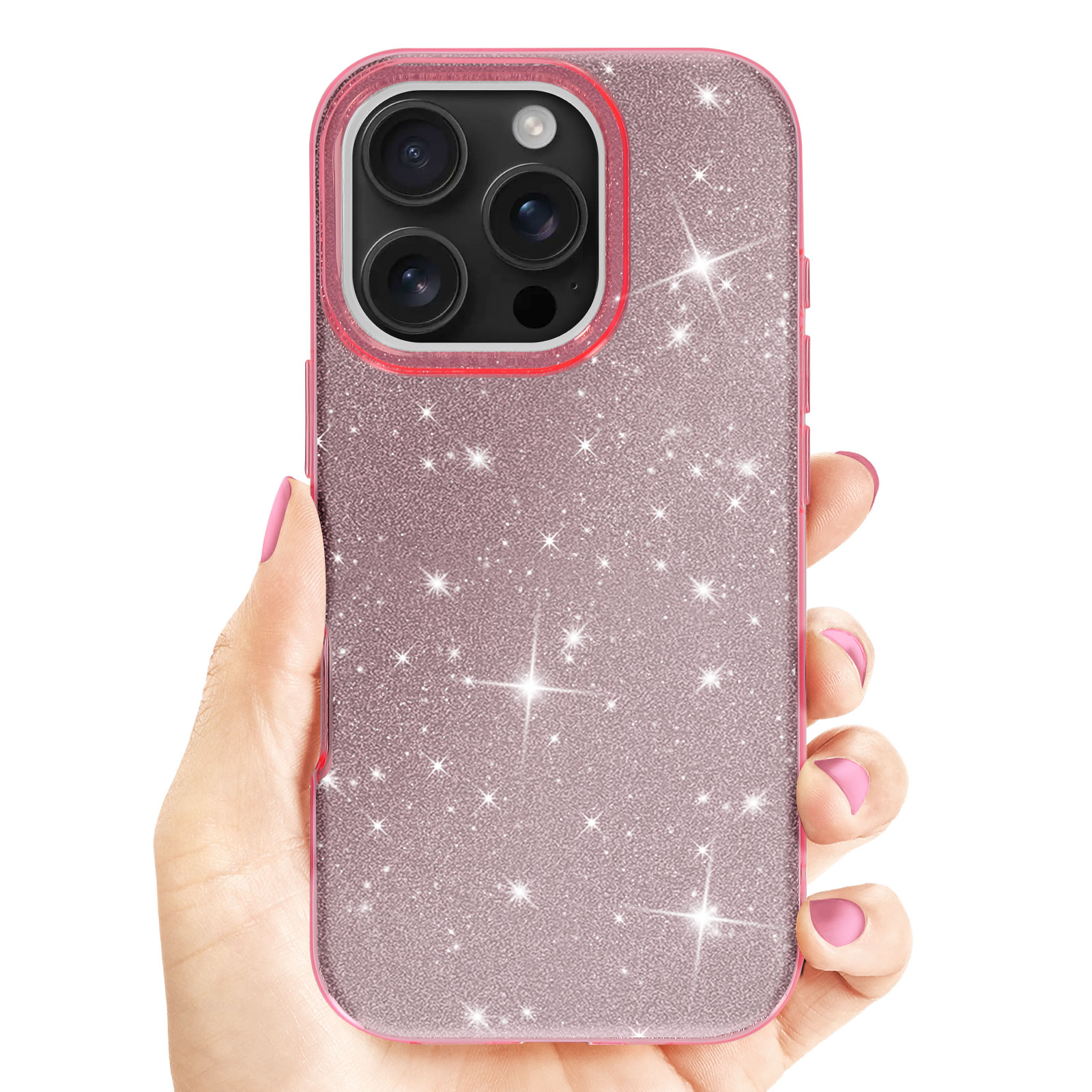 Mano che tiene custodia per telefono rosa scintillante. Telefono con tre fotocamere visibili. Scintille brillanti.