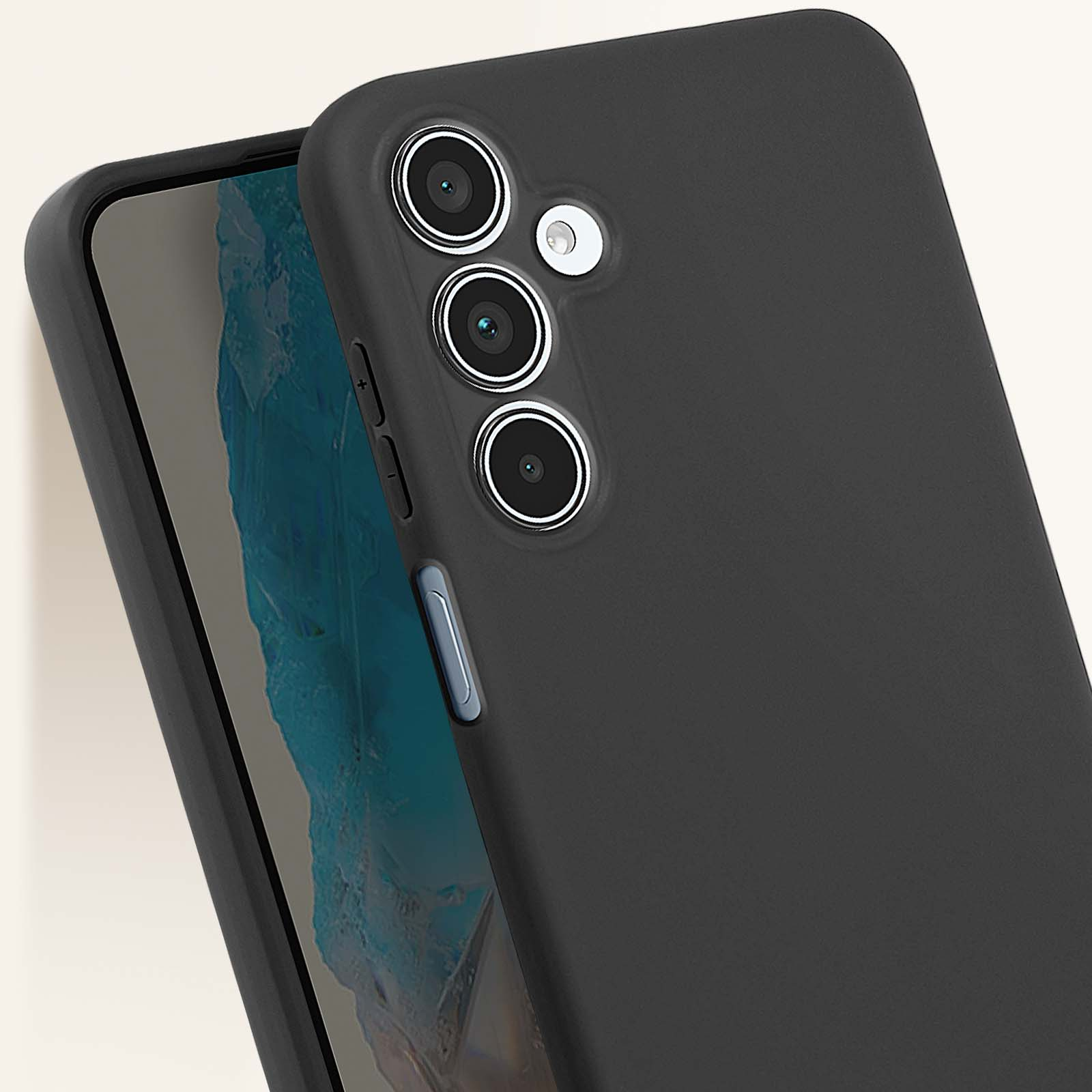 Custodia per telefono nera con tre obiettivi. Lo schermo del telefono è visibile.