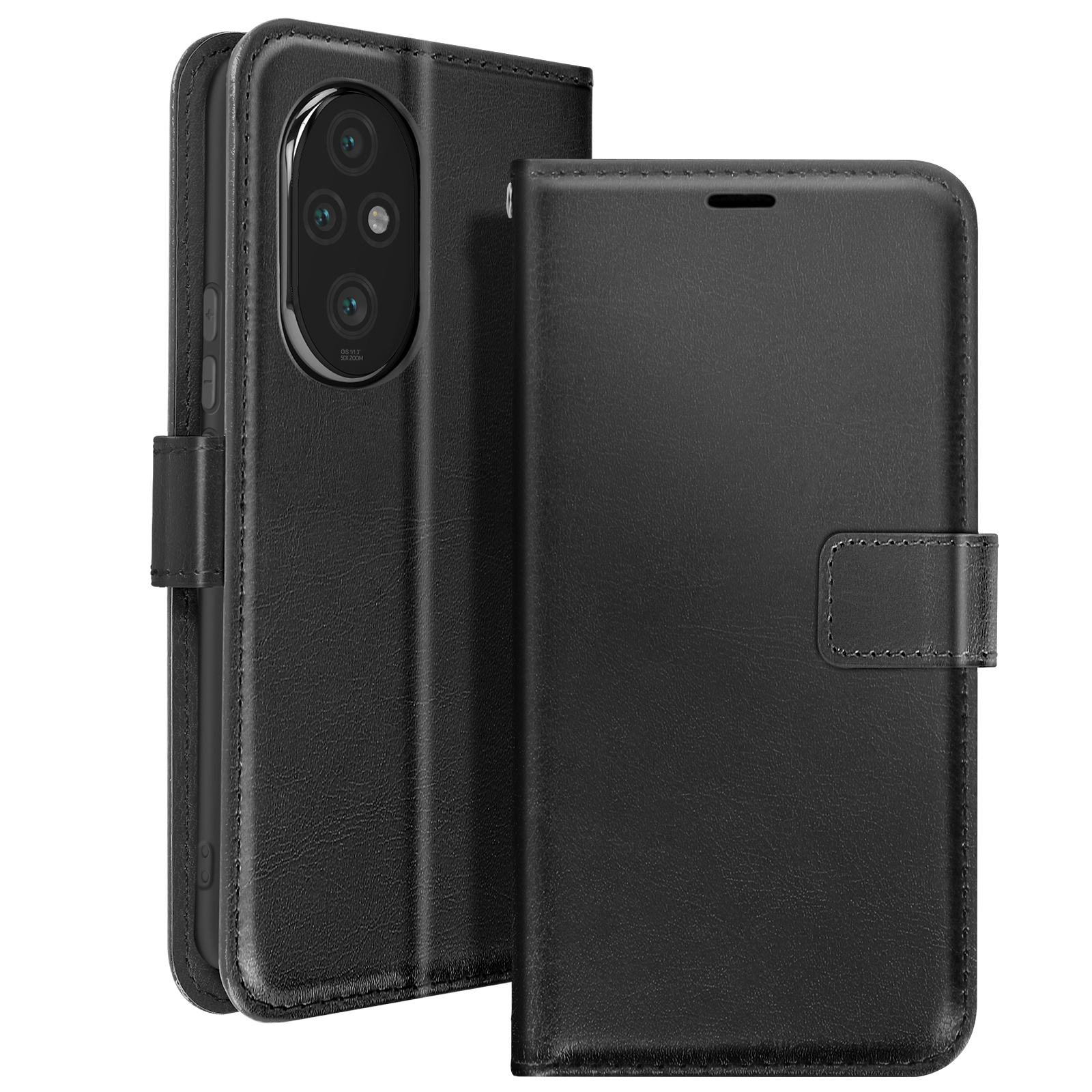 Custodia in pelle nera con un telefono. Il telefono è nella custodia aperta. Sfondo bianco.