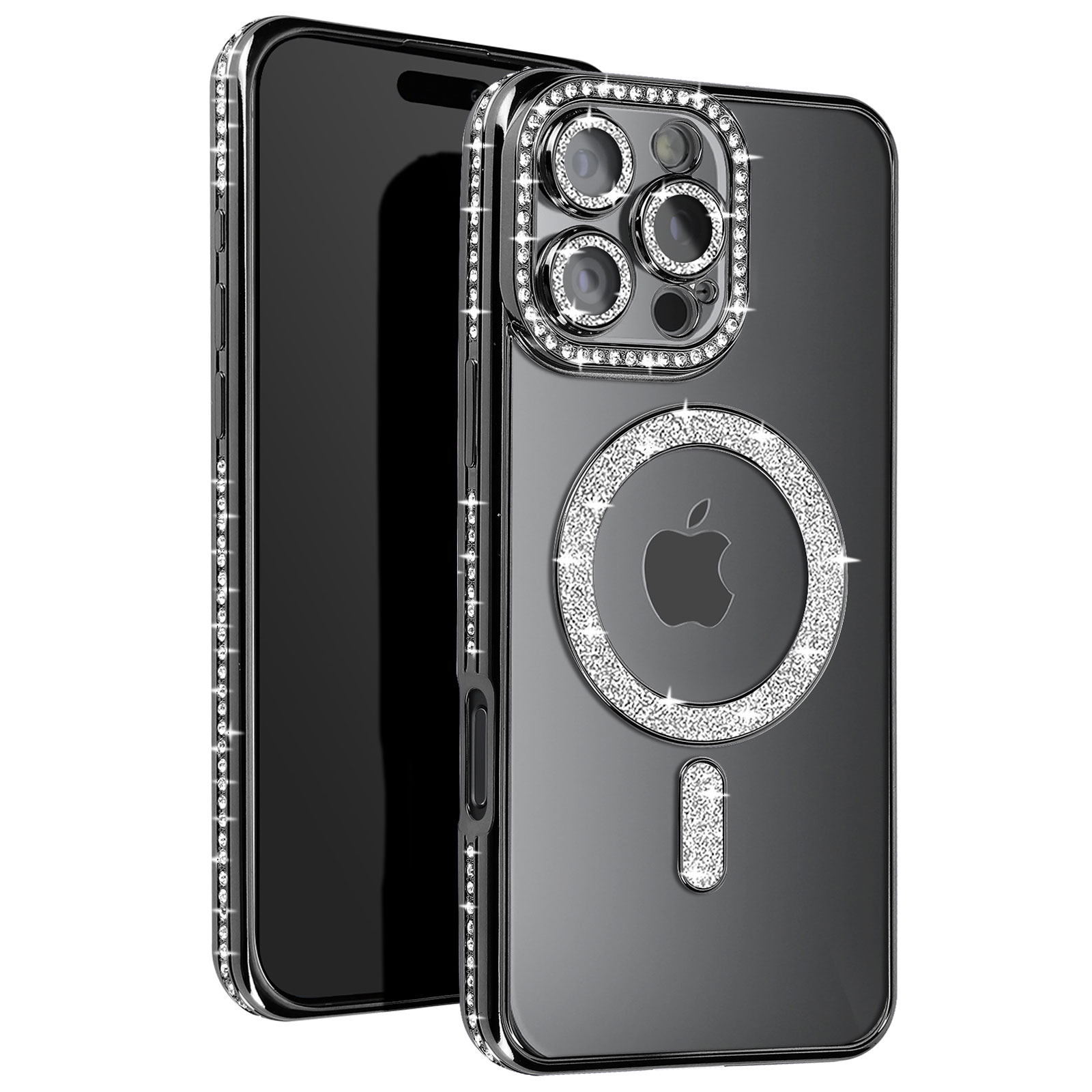 Téléphone noir avec une coque transparente décorée de strass. Le téléphone a trois caméras.