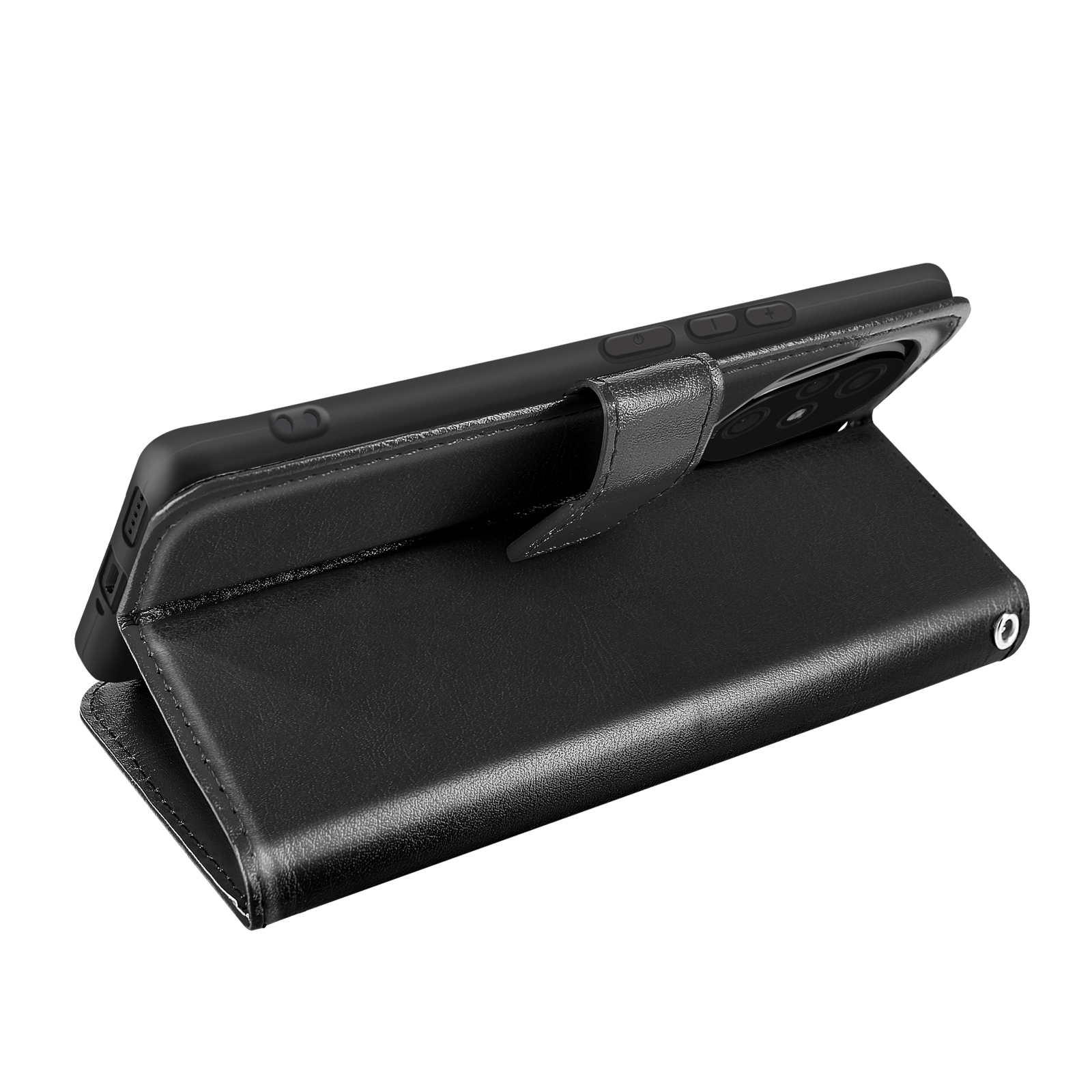 Telefono nero in una custodia a libro in pelle nera, aperta. Il telefono è di lato.