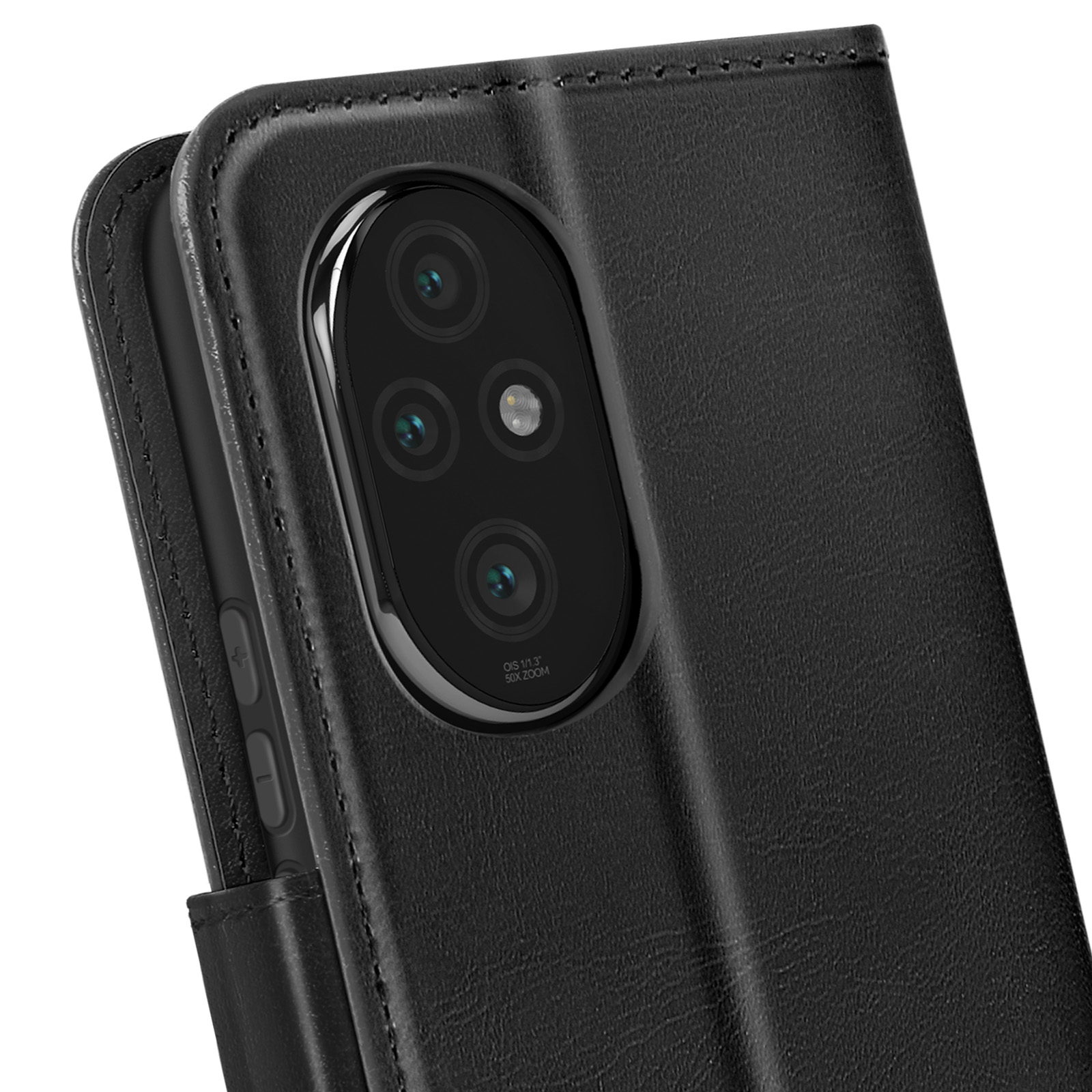 Primo piano di una custodia per telefono. Il telefono è nella custodia. La custodia ha un foro per la fotocamera.
