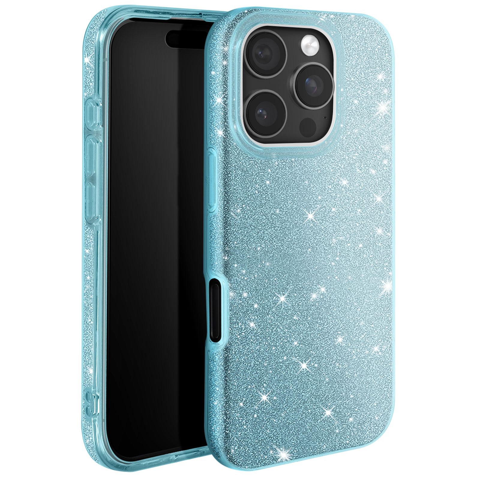 Primo piano di una custodia blu glitterata. Il telefono è nella custodia. Sfondo bianco.