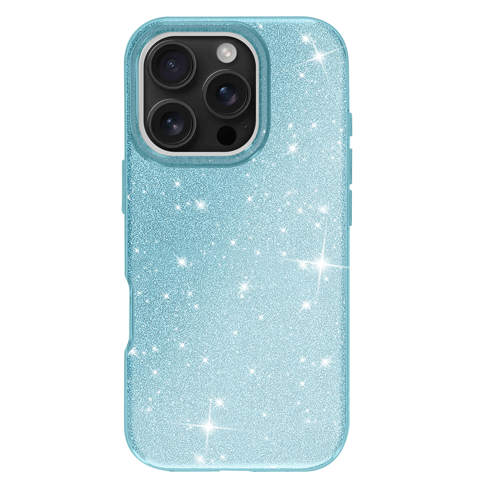 Custodia blu glitterata. Il telefono ha più fotocamere.