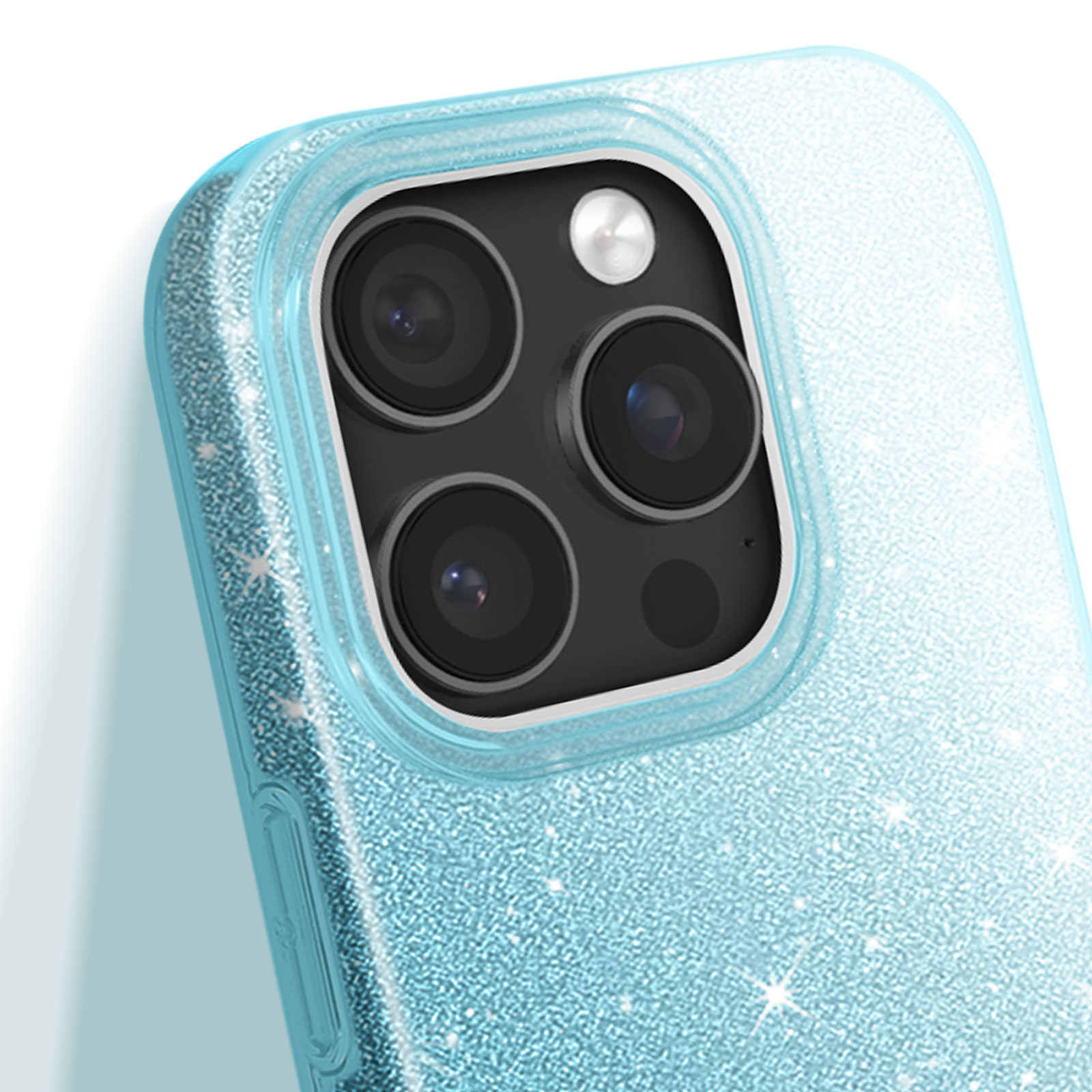Custodia per telefono blu con glitter e lenti della fotocamera visibili.