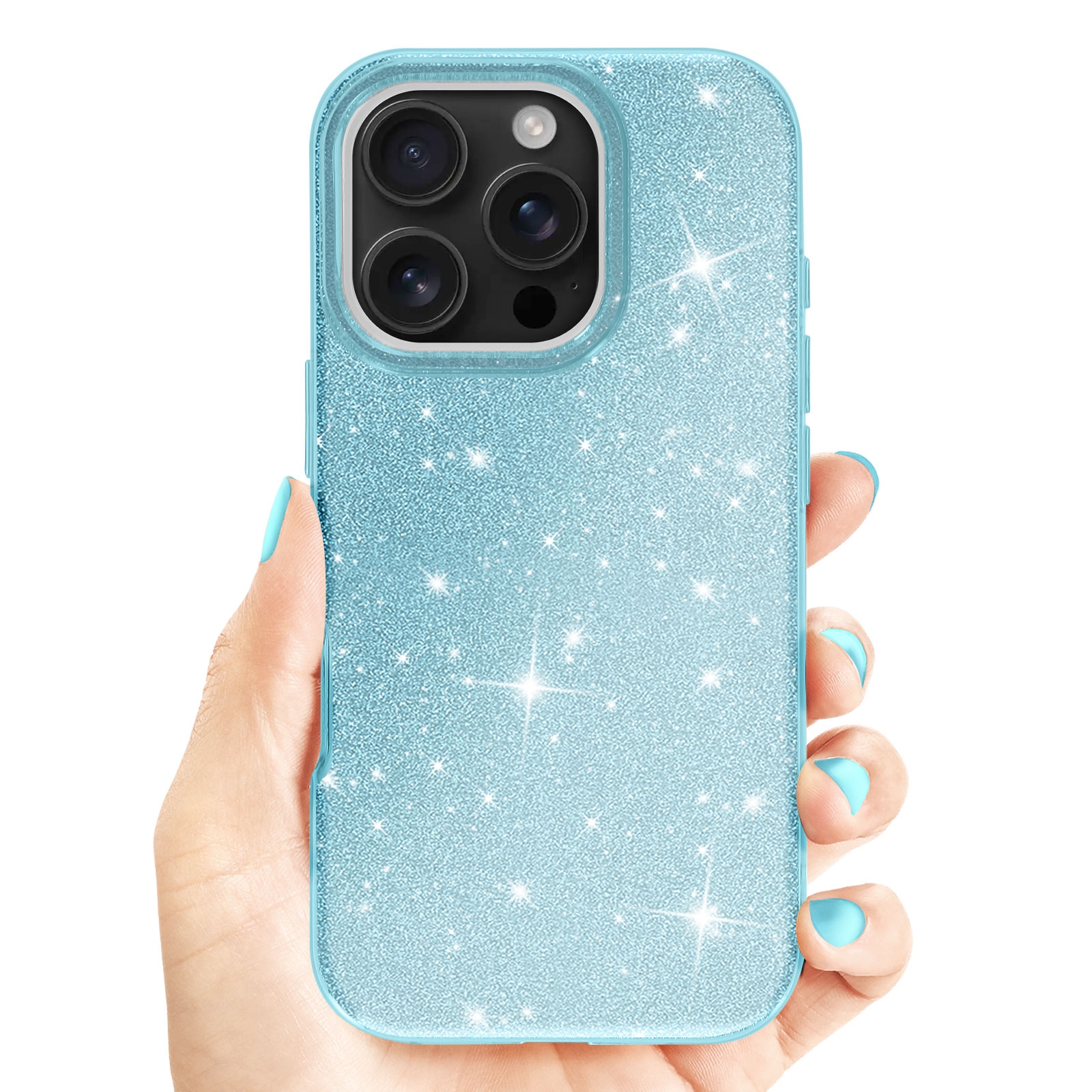 Una mano tiene una custodia blu glitterata. Il telefono ha più fotocamere.