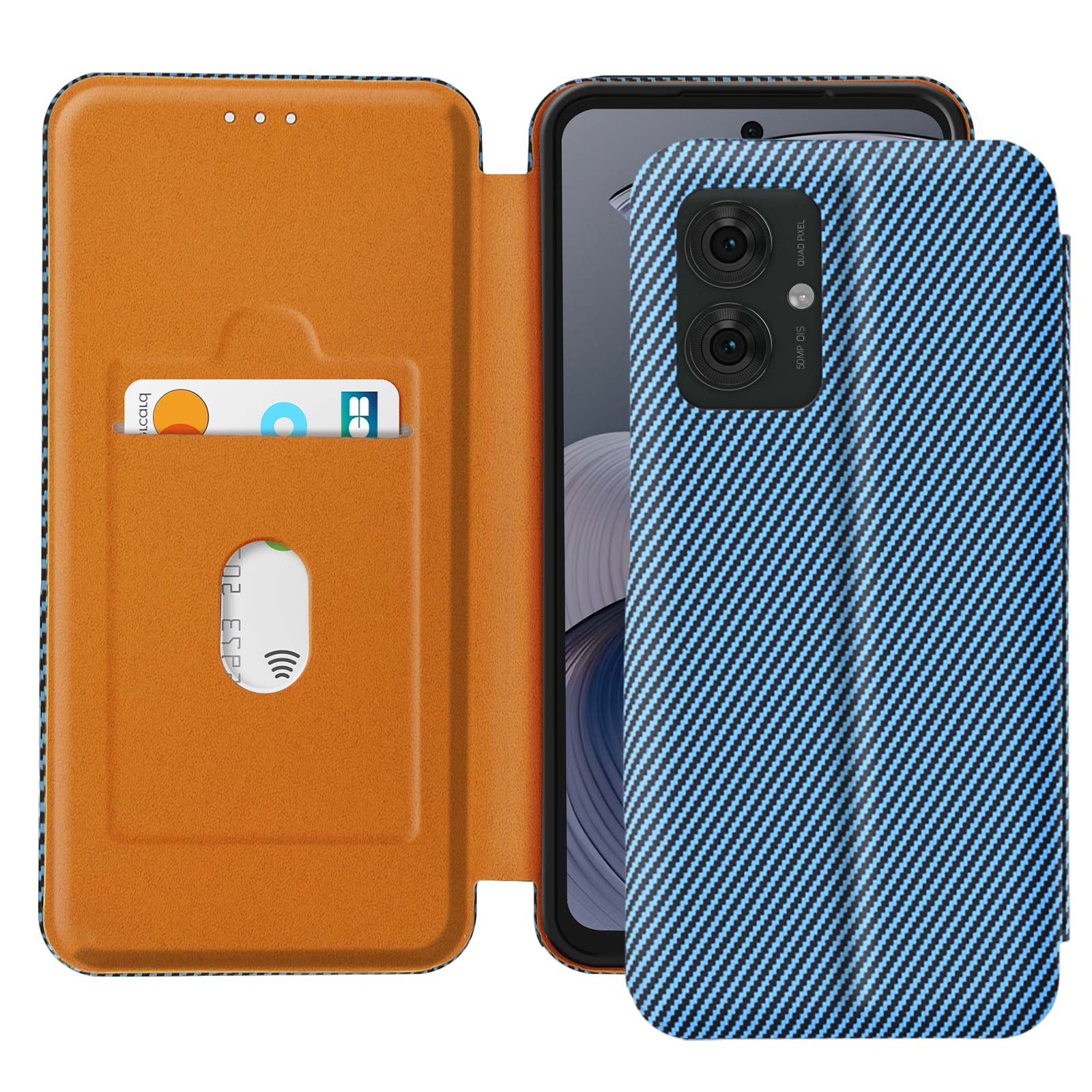 Una custodia per telefono con un design in denim. All'interno c'è un porta carte. Il telefono ha più fotocamere.