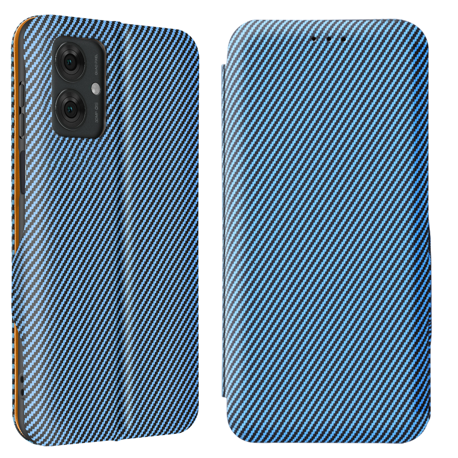 Due custodie per telefono, una aperta e una chiusa, con motivo in fibra di carbonio blu.