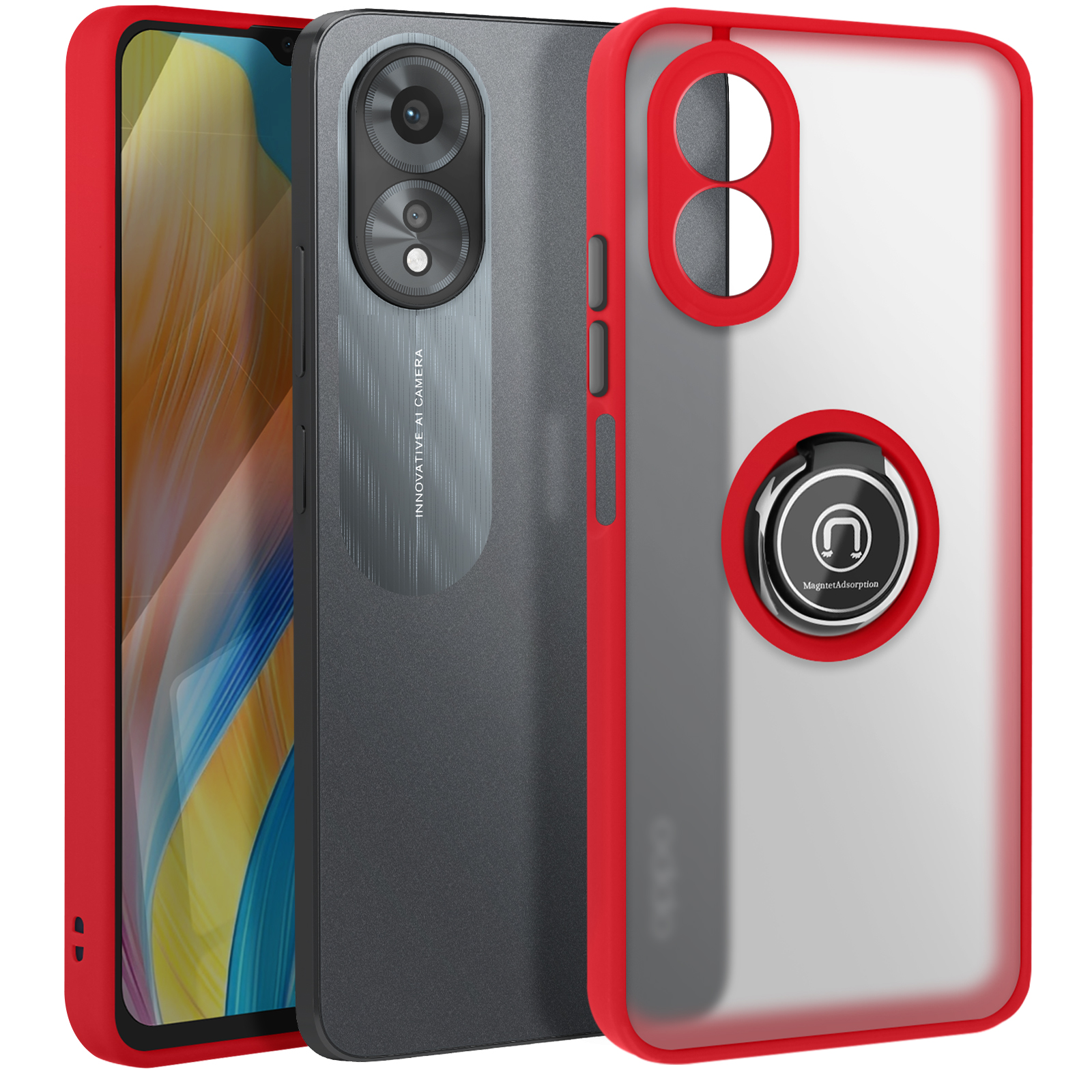 Tre telefoni con custodie, uno rosso, uno trasparente con anello e uno con retro grigio.