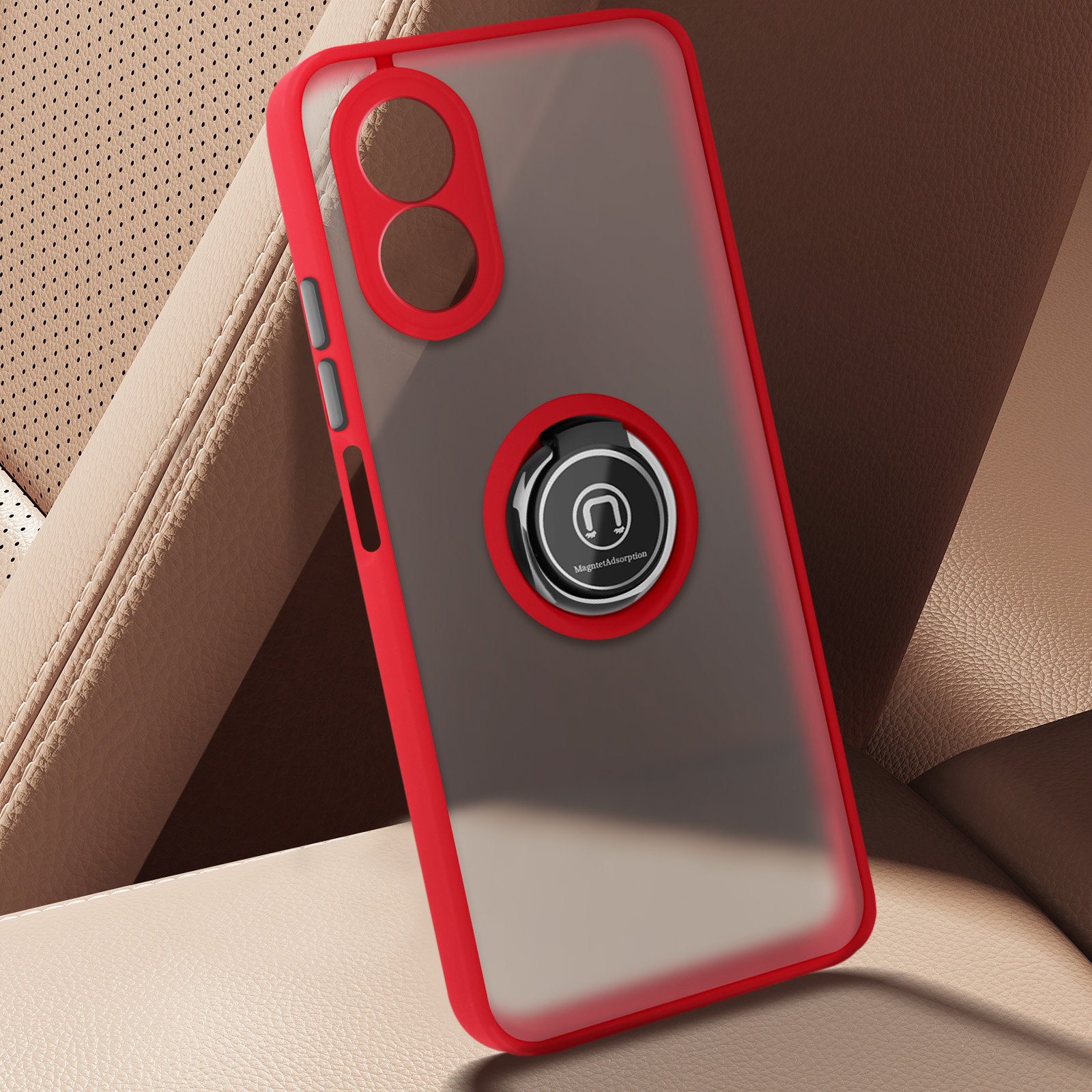 Custodia per telefono rossa e grigia in un'auto. La custodia ha un anello di supporto e un retro trasparente.