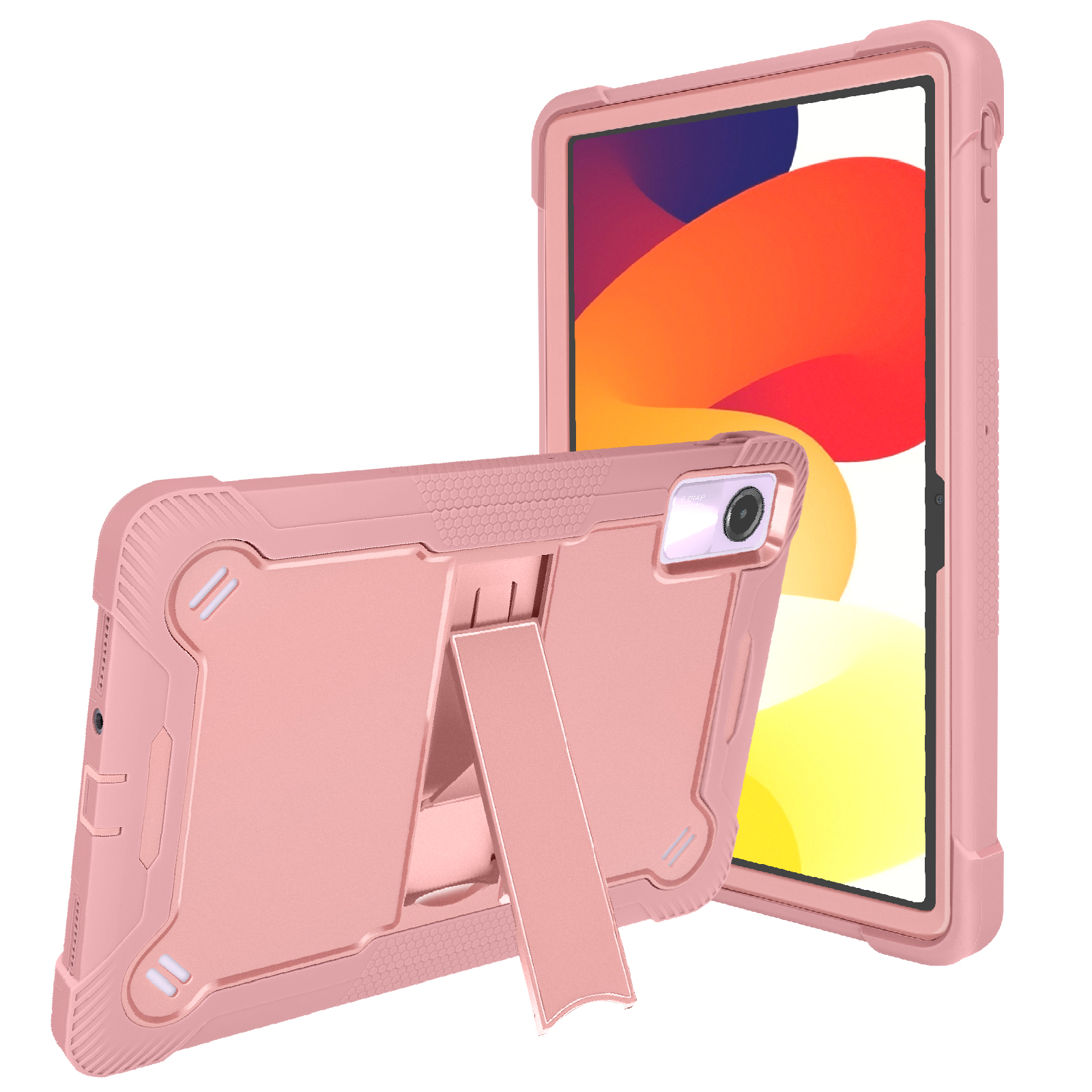 Due custodie per tablet rosa, una aperta con tablet e una chiusa.