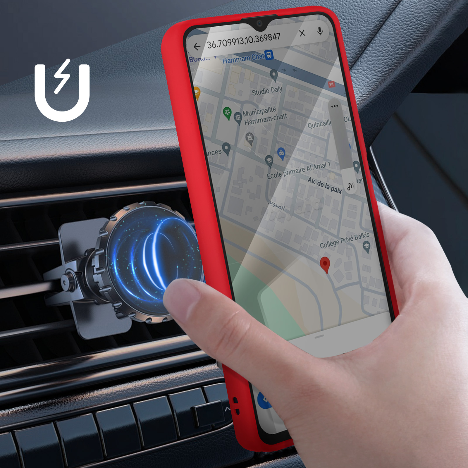 Un telefono con custodia rossa è montato su una bocchetta dell'auto. Lo schermo mostra una mappa.