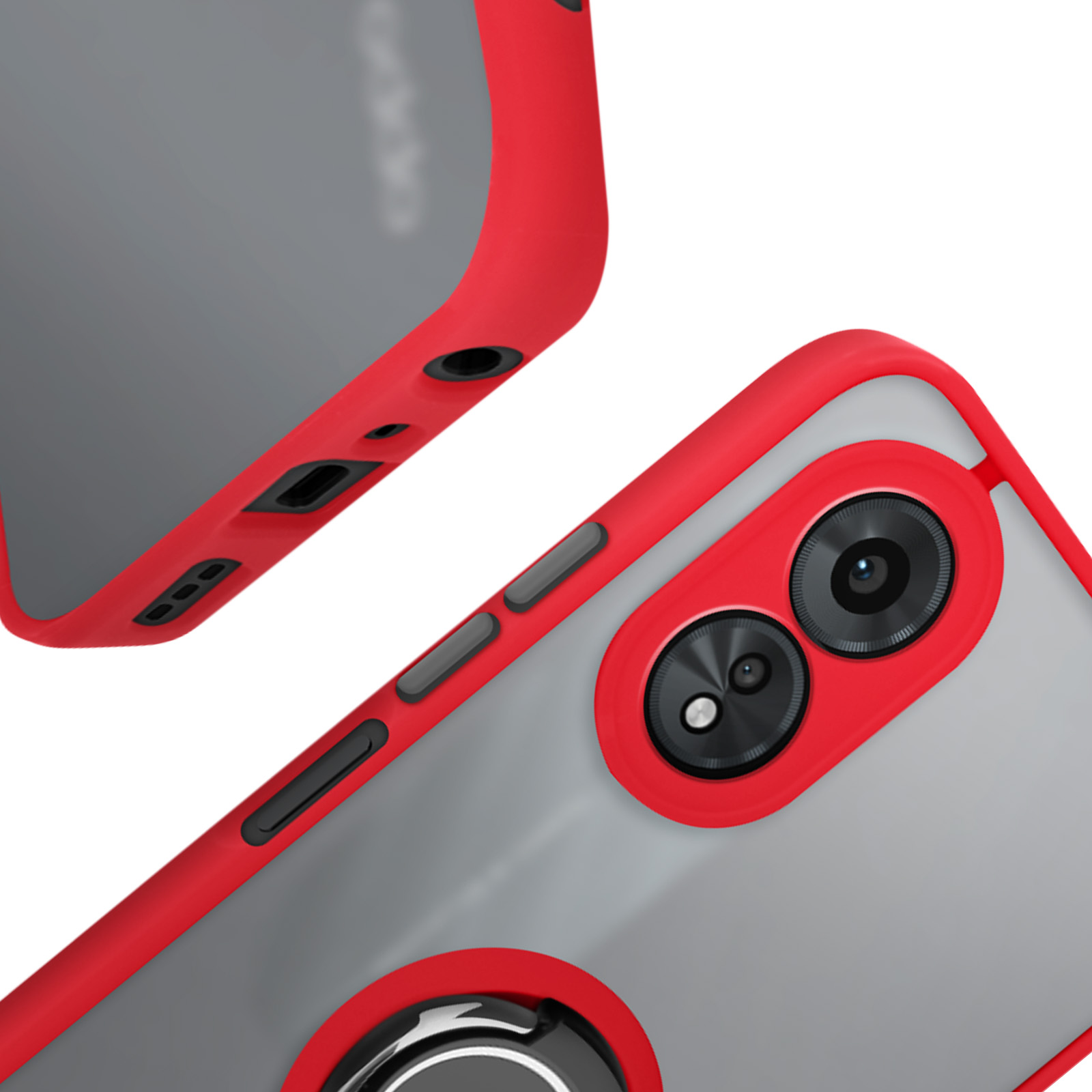 Primo piano di due custodie per telefono, cornici rosse e dorsi grigi. I supporti ad anello sono visibili.