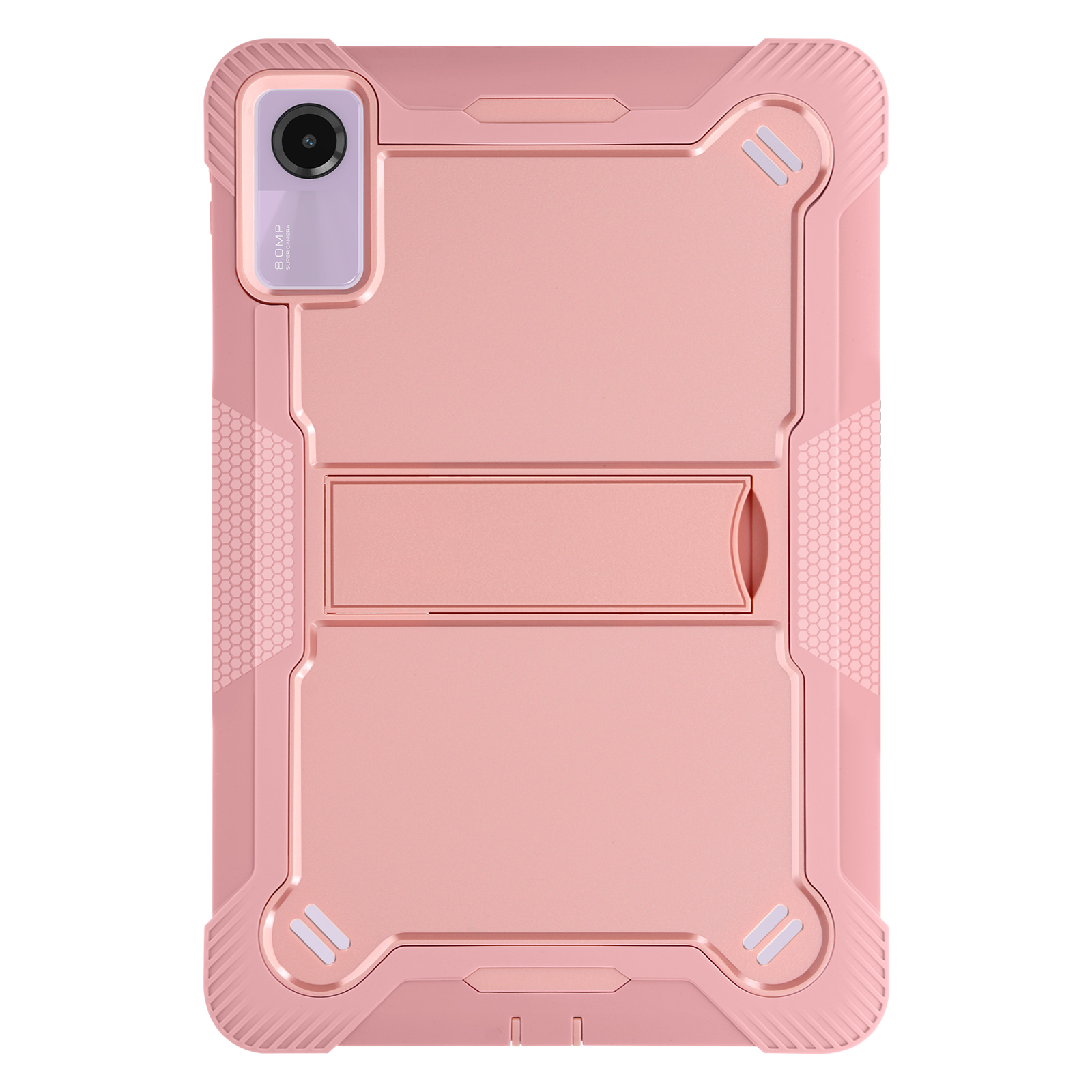 Custodia per tablet rosa con supporto, vista posteriore.