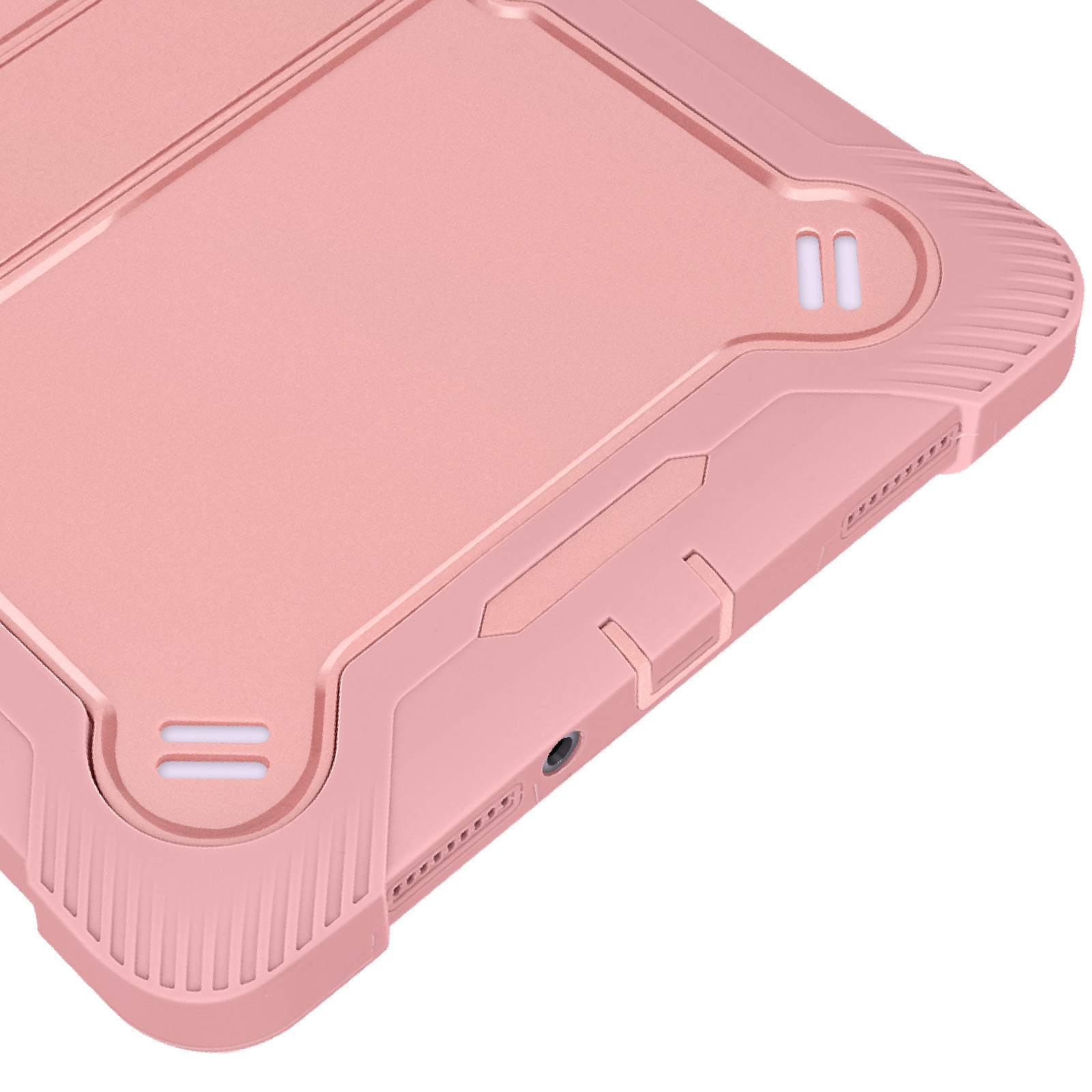 Primo piano di una custodia per tablet rosa. La custodia ha una superficie strutturata e un design protettivo.